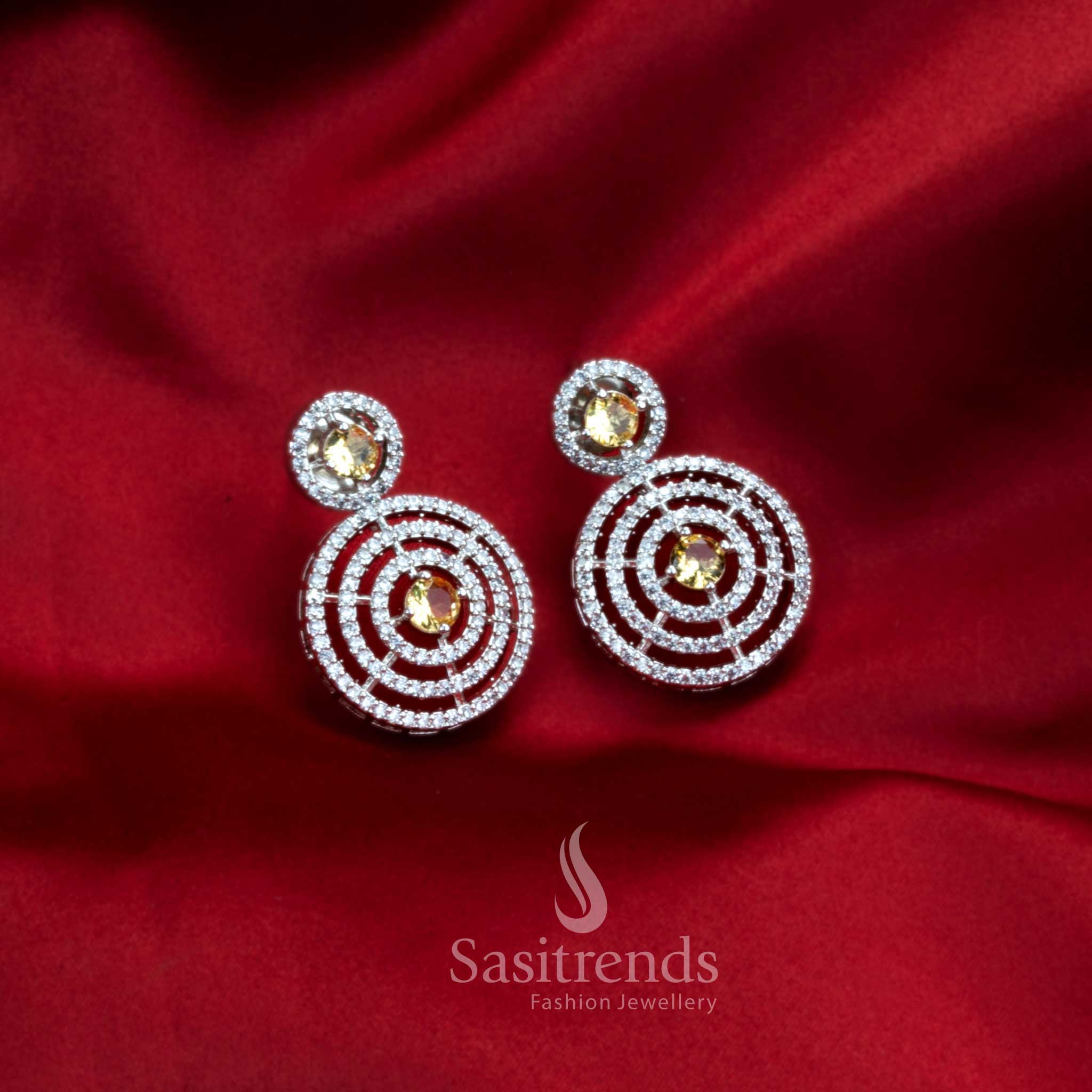 Gorgeous Party Wear Rhodium Silver Plated Earrings with Stunning Circle Pattern and American Diamond Stones - Image 5