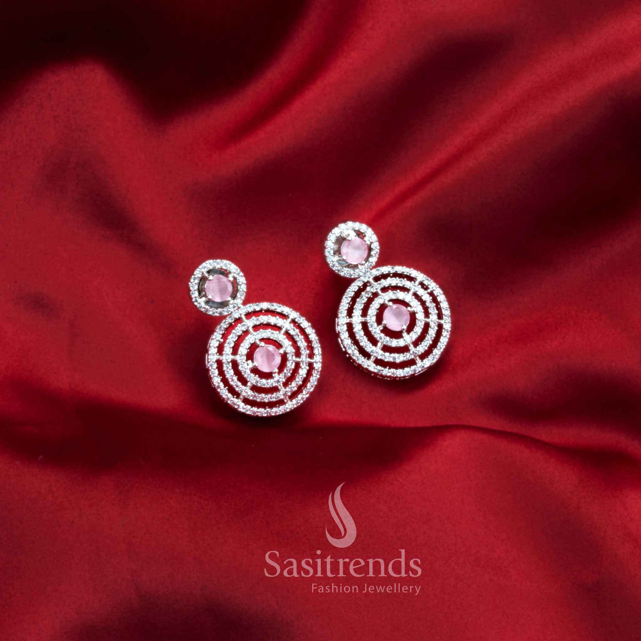 Gorgeous Party Wear Rhodium Silver Plated Earrings with Stunning Circle Pattern and American Diamond Stones - Image 7
