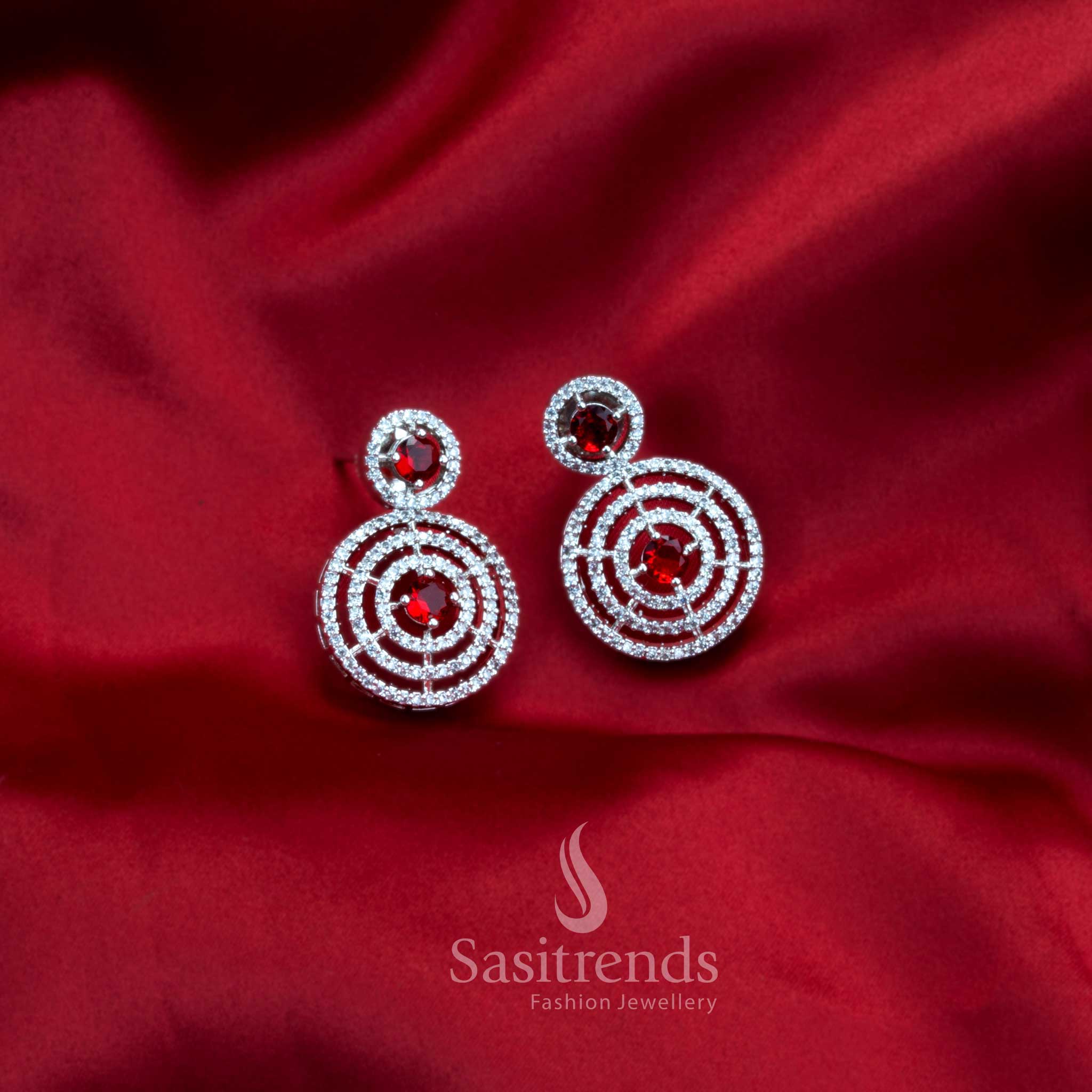 Gorgeous Party Wear Rhodium Silver Plated Earrings with Stunning Circle Pattern and American Diamond Stones - Image 8