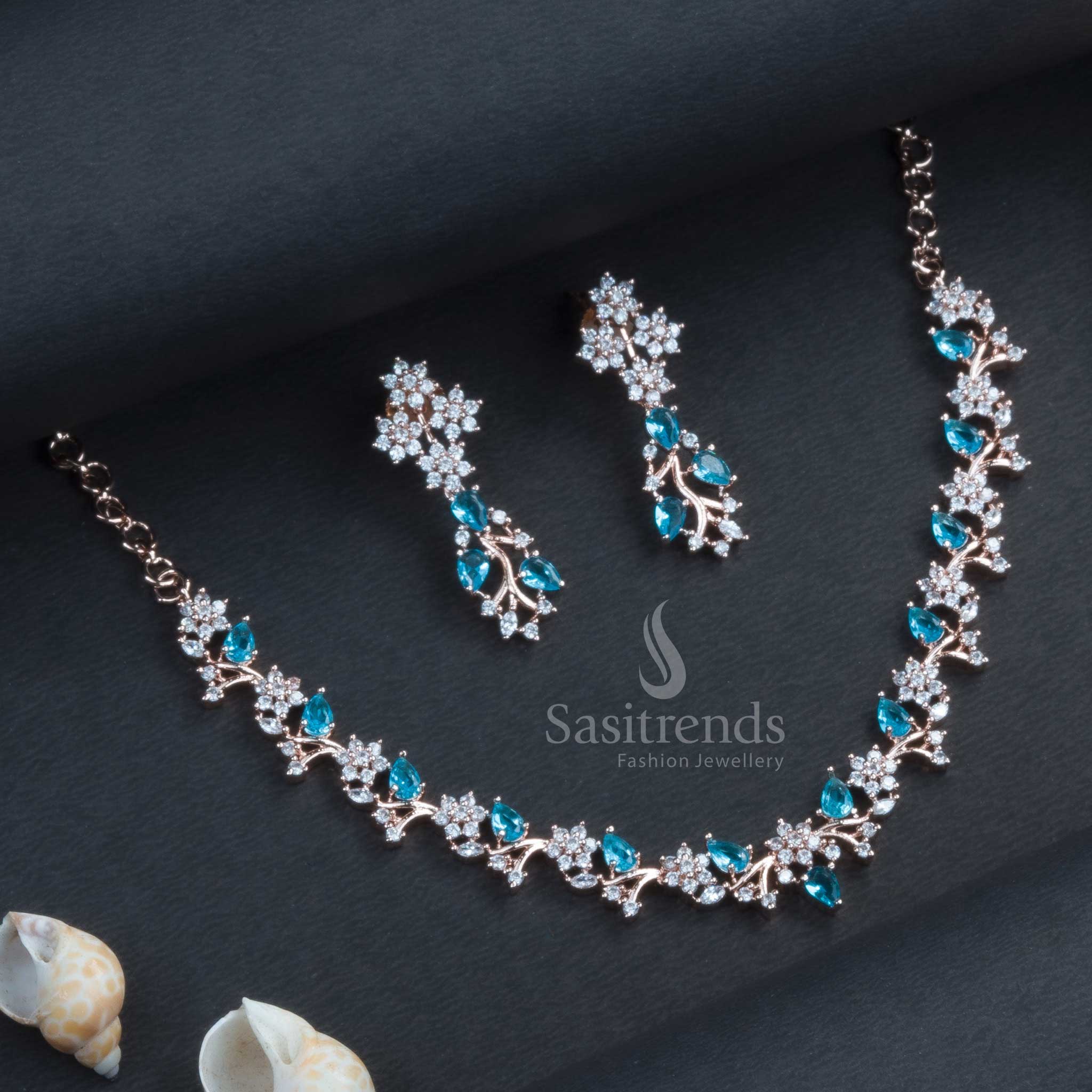 Stunning Rose Gold Plated Floral Necklace Jewellery Set with American Diamond Stones | Sasitrends