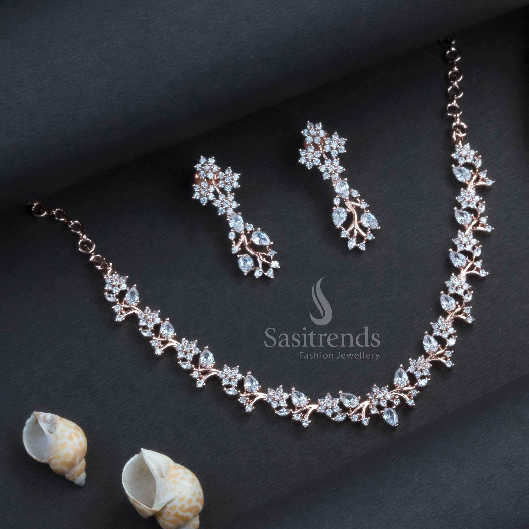 Stunning Rose Gold Plated Floral Necklace Jewellery Set with American Diamond Stones | Sasitrends - Image 6