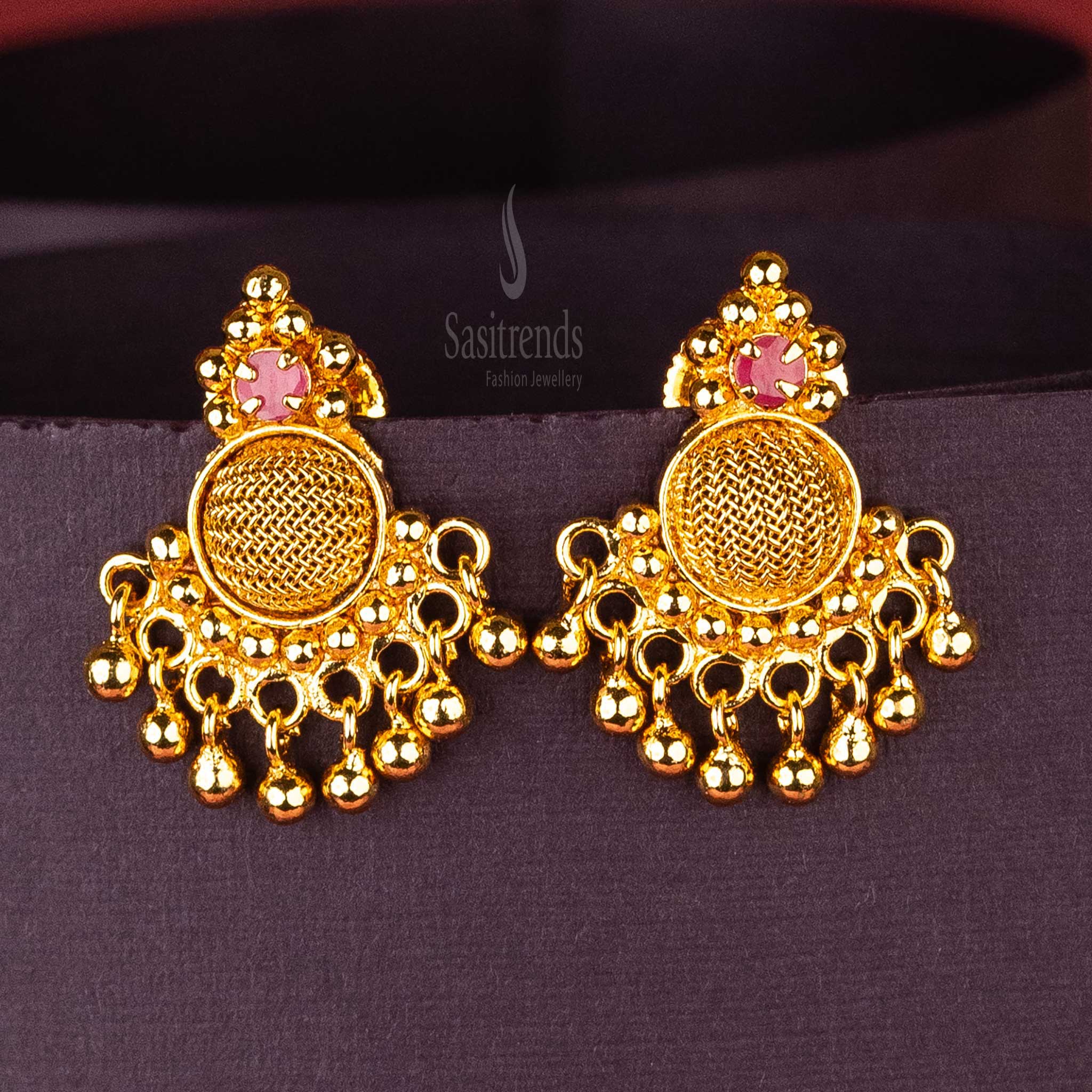 Sasitrends | Micro Gold-Plated AD Stone Studded Round Mesh Design Earrings with Golden Balls Dangling - Image 3