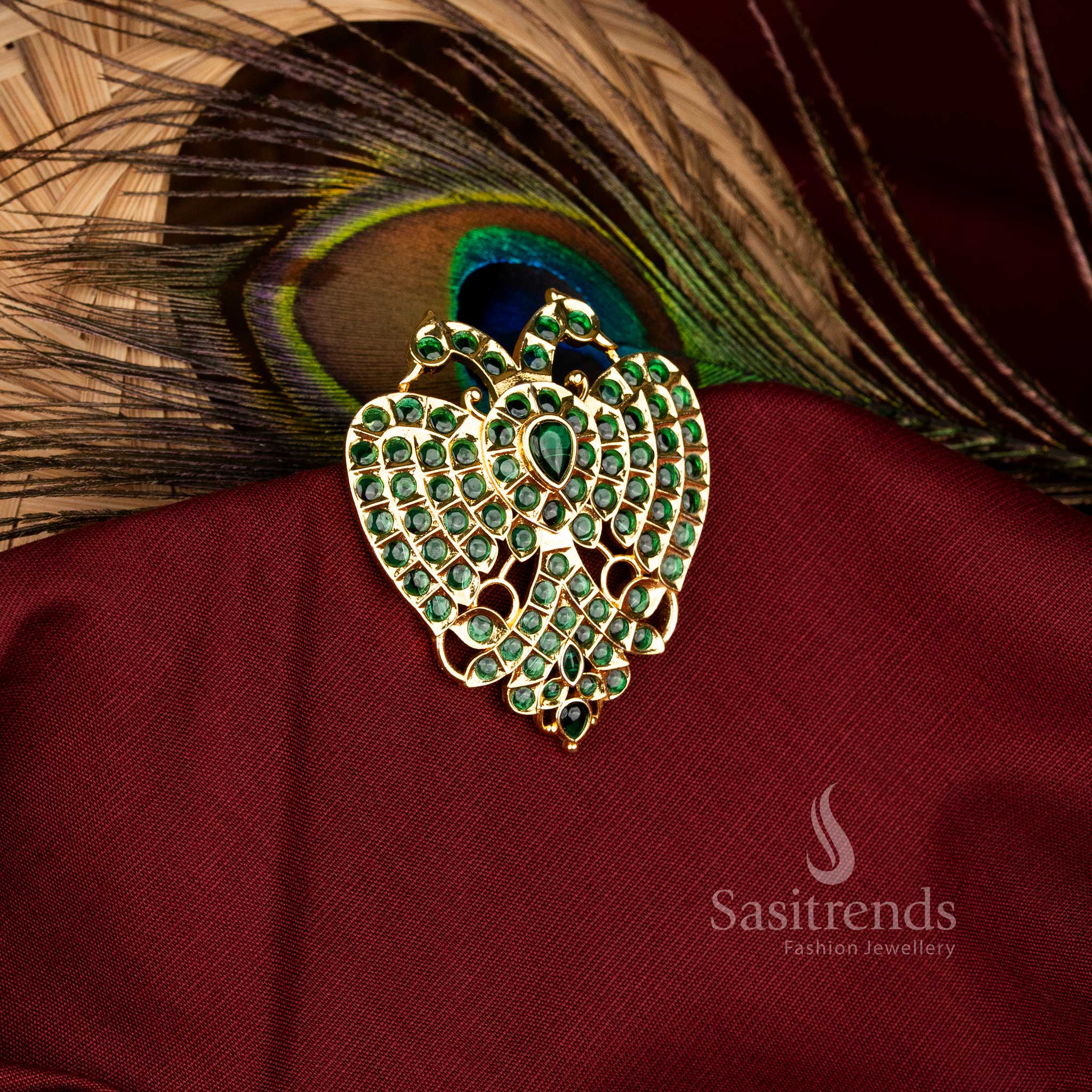 Royal Micro Gold Plated Gandaberunda Pendant with Dual Peacock and Heart Motif Kemp Stone Design - Image 2