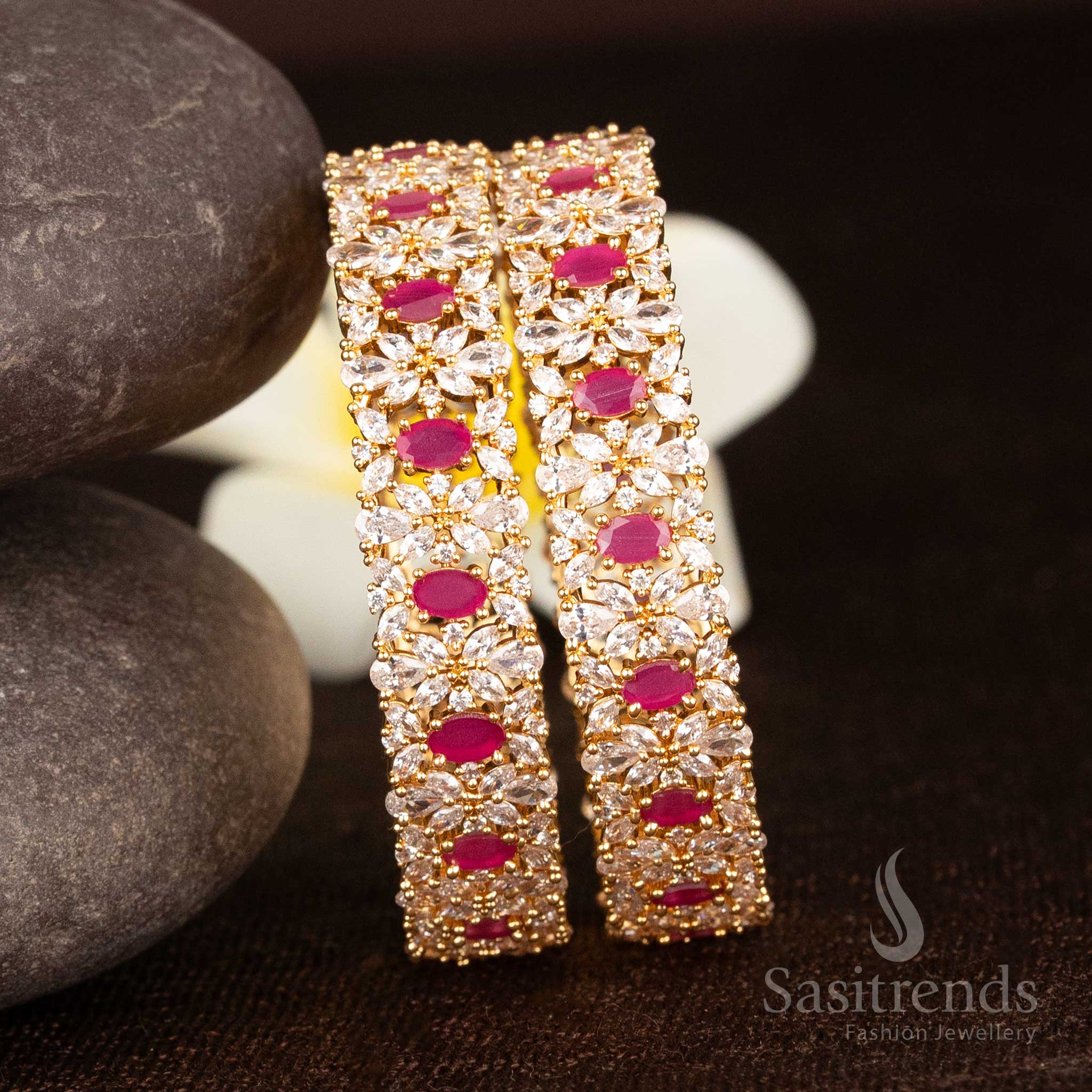 Royal Grace Guaranteed Micro Gold Plated Floral American Diamond Bangles with Oval Stone Accents - Image 3