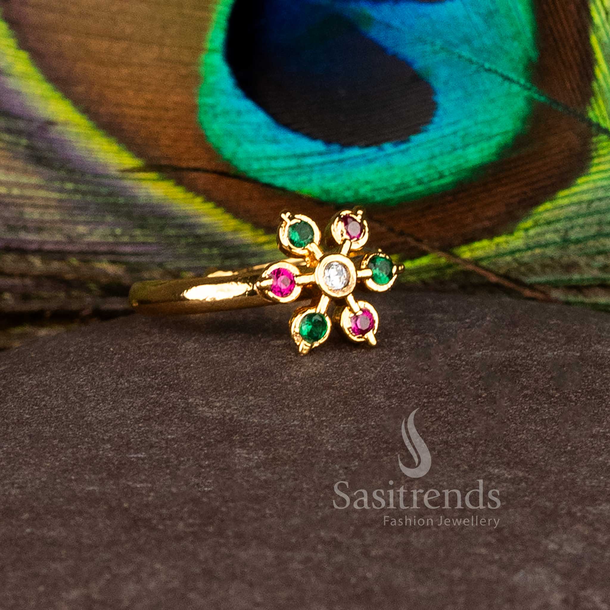 Royal Impon Addigai Panchaloha Micro Gold Plated Round AD Stone Flower Rings for Festive Wear - Image 3
