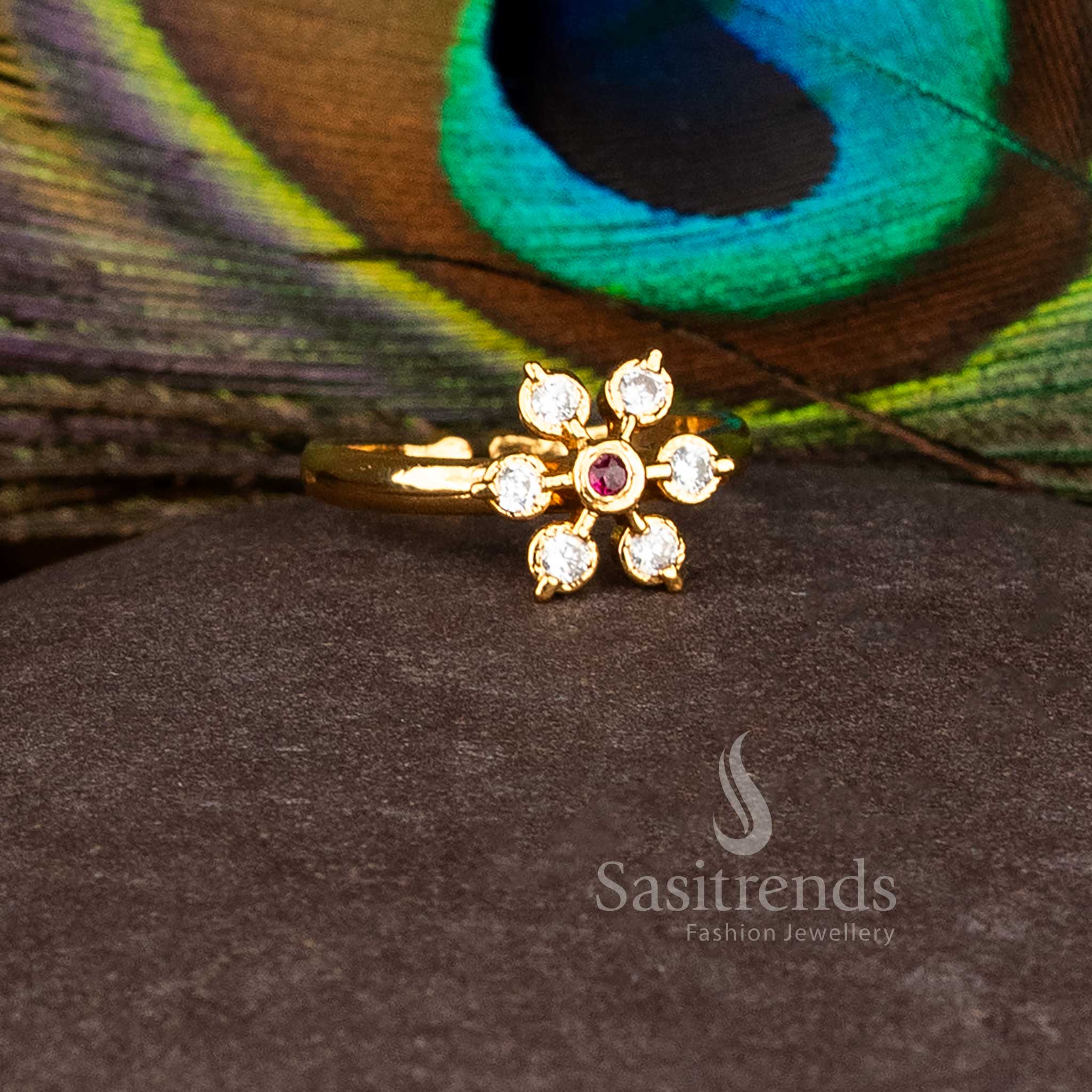 Royal Impon Addigai Panchaloha Micro Gold Plated Round AD Stone Flower Rings for Festive Wear - Image 4