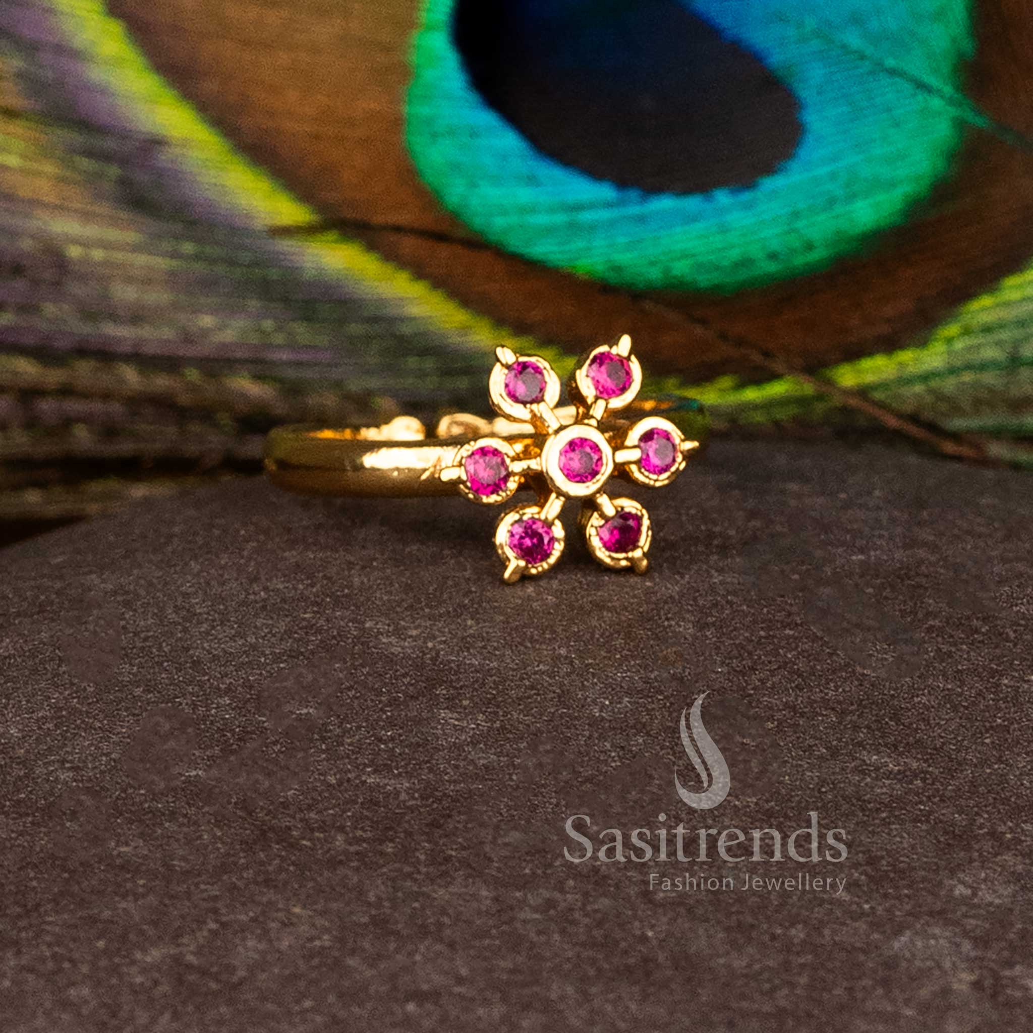 Royal Impon Addigai Panchaloha Micro Gold Plated Round AD Stone Flower Rings for Festive Wear - Image 6