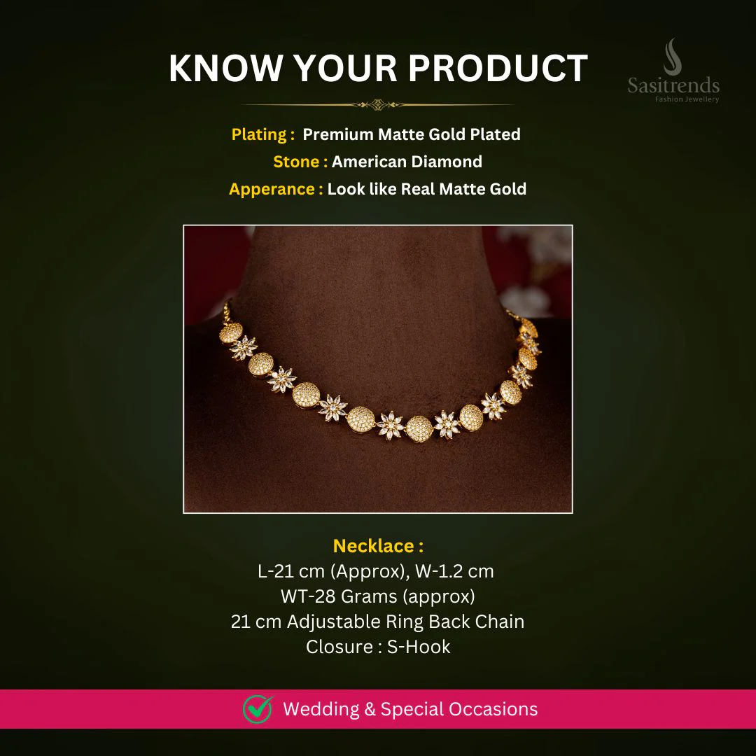 Royal Petals American Diamond Matte Gold Plated Floral & Round Necklace for Sarees & Festive Occasions - Image 2