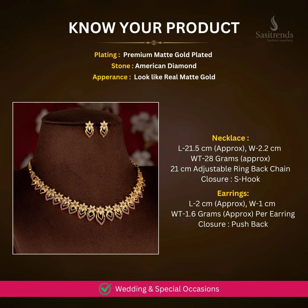 Royal Radiance American Diamond Matte Gold Plated Floral-Studded Necklace Jewellery Set for Sarees & Festive Celebrations - Image 2