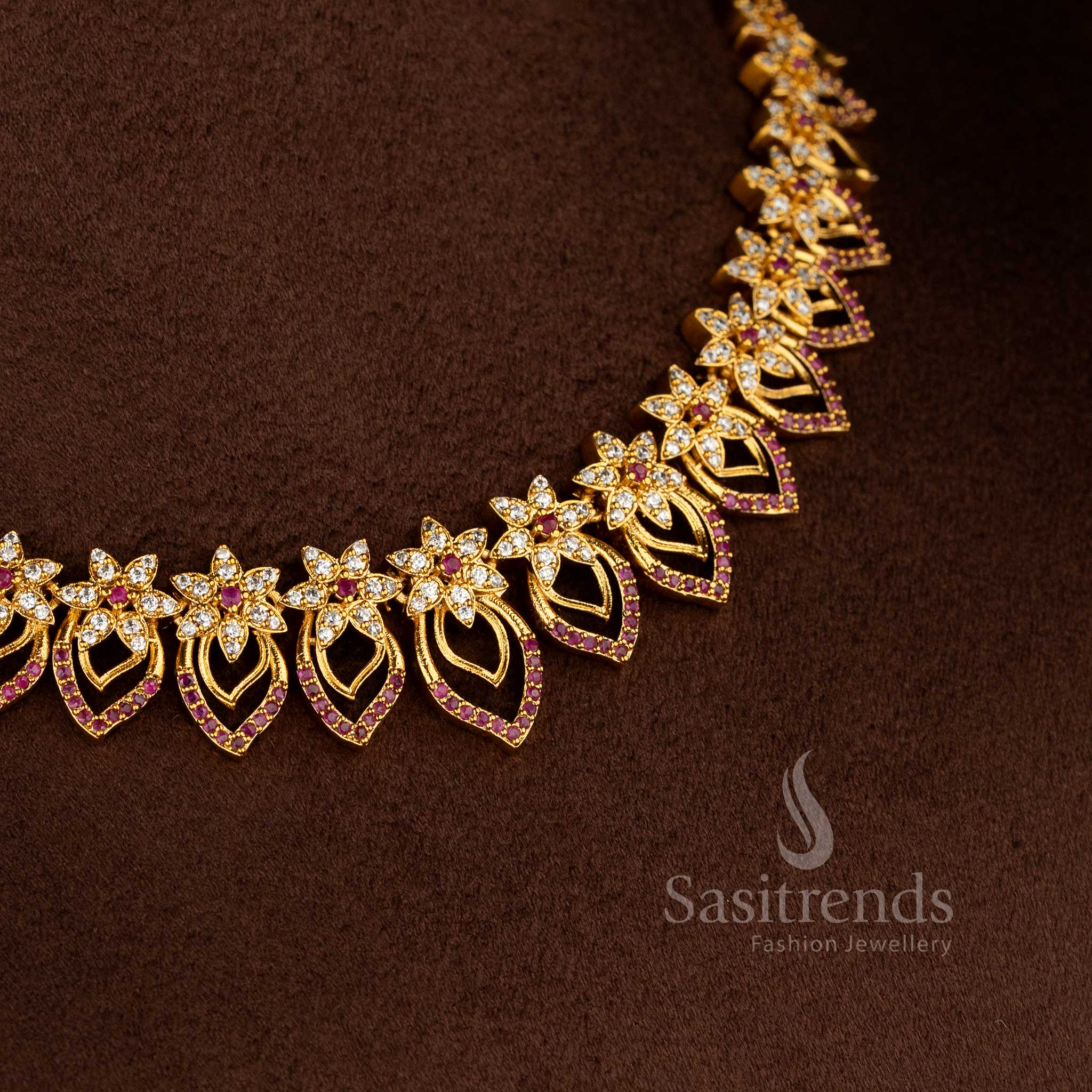 Royal Radiance American Diamond Matte Gold Plated Floral-Studded Necklace Jewellery Set for Sarees & Festive Celebrations - Image 3