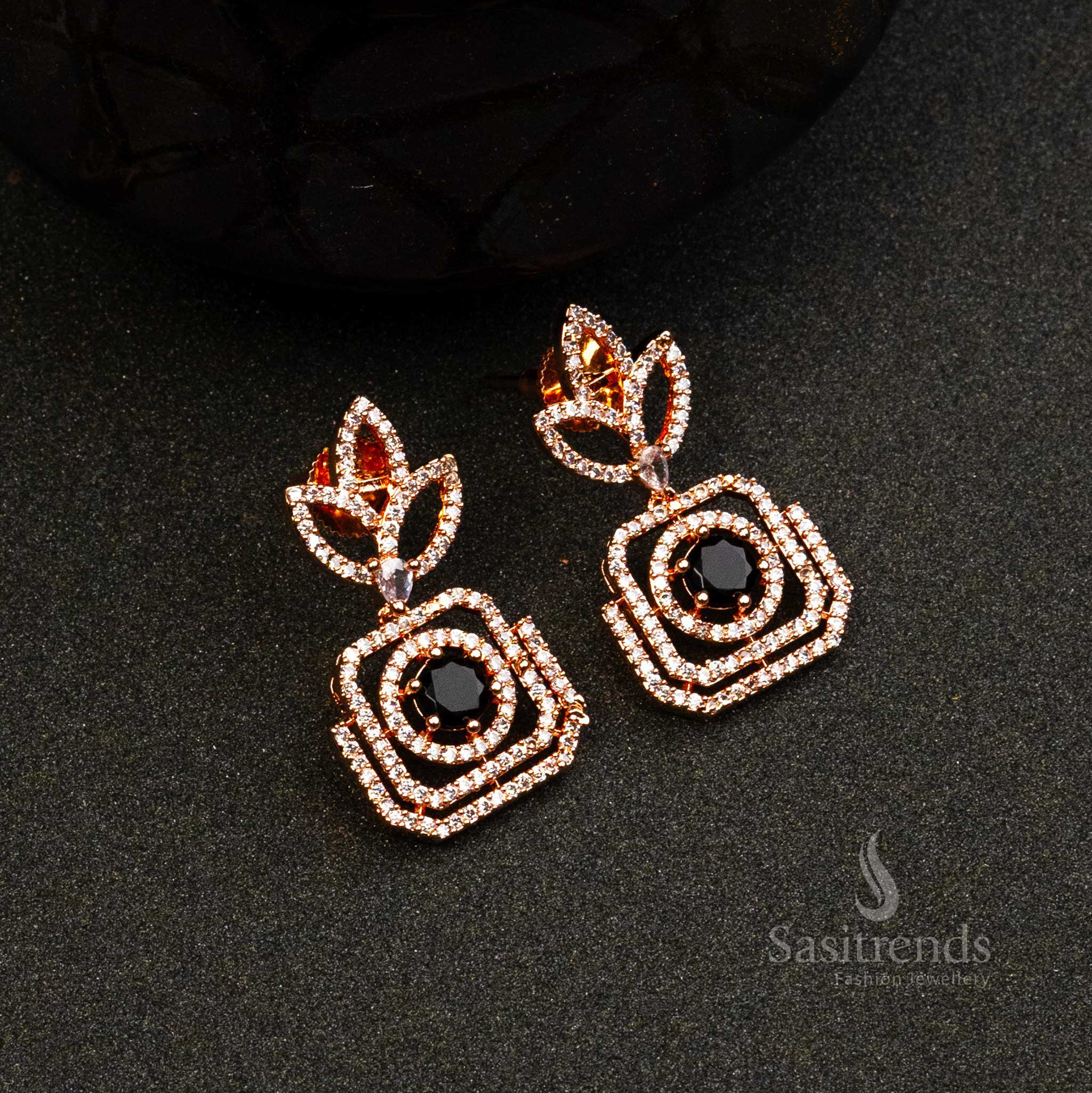 Trendy Royal Rose Gold Plated Earrings with American Diamond Stones | Sasitrends - Image 3