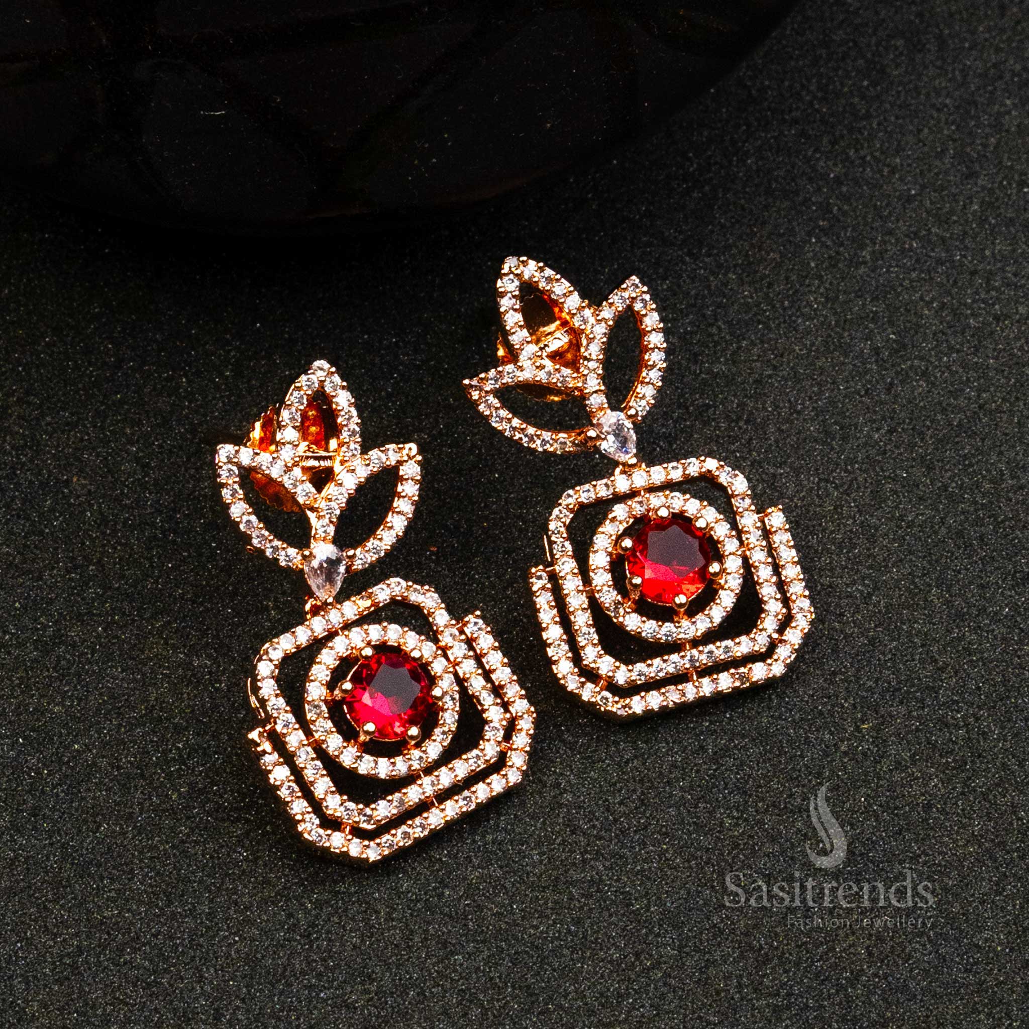 Trendy Royal Rose Gold Plated Earrings with American Diamond Stones | Sasitrends - Image 4