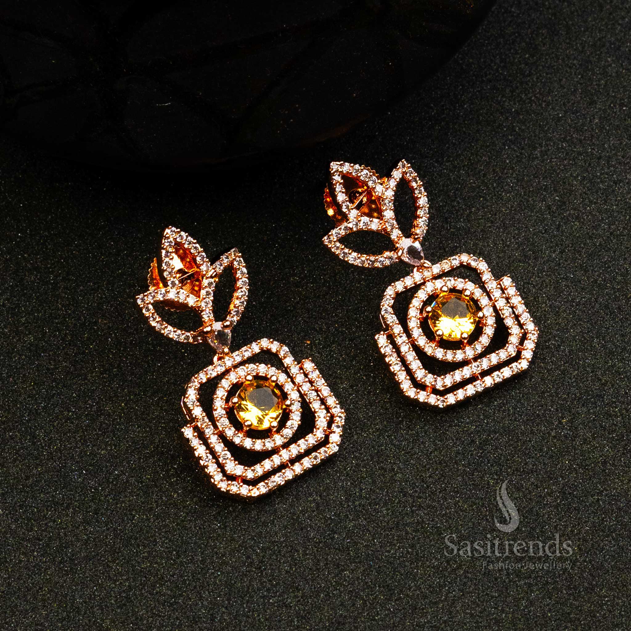 Trendy Royal Rose Gold Plated Earrings with American Diamond Stones | Sasitrends - Image 5