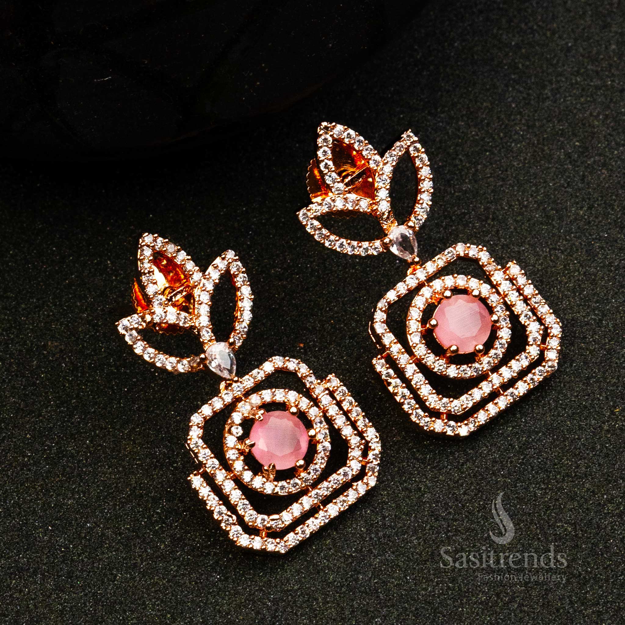 Trendy Royal Rose Gold Plated Earrings with American Diamond Stones | Sasitrends - Image 6