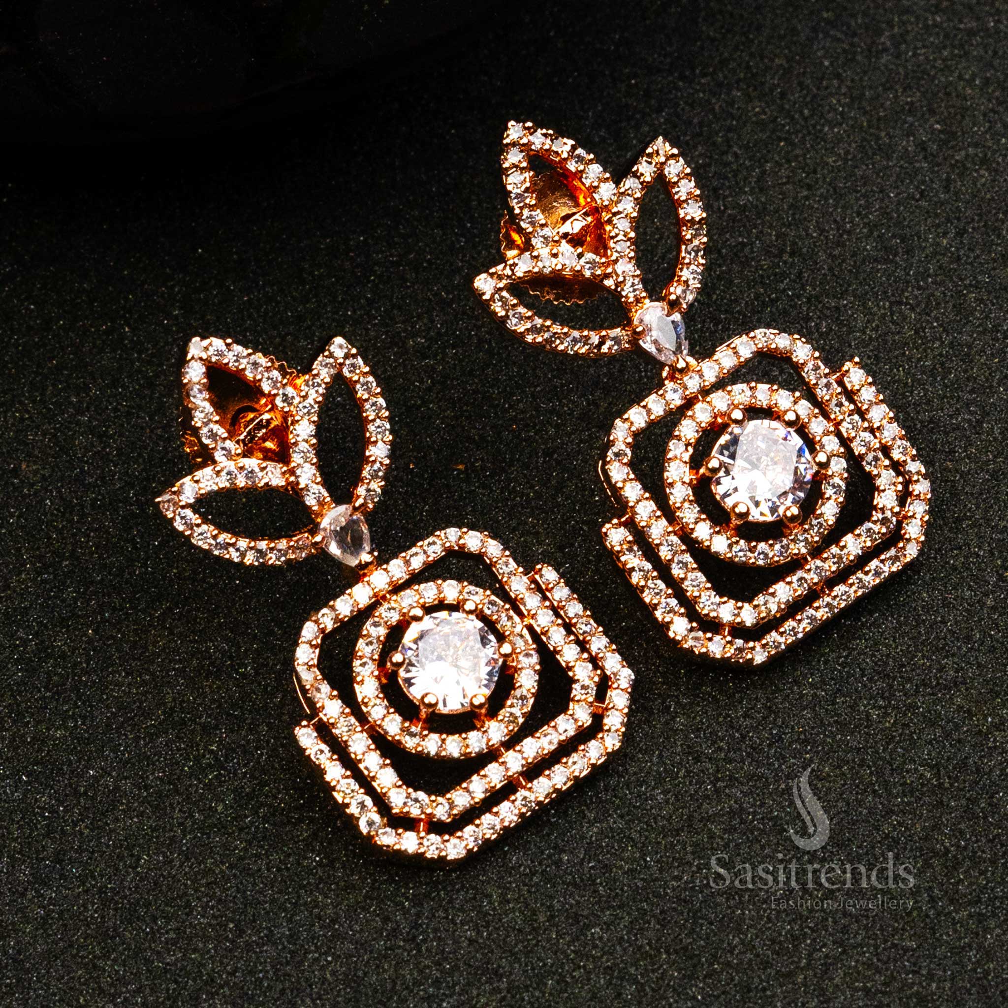 Trendy Royal Rose Gold Plated Earrings with American Diamond Stones | Sasitrends - Image 7