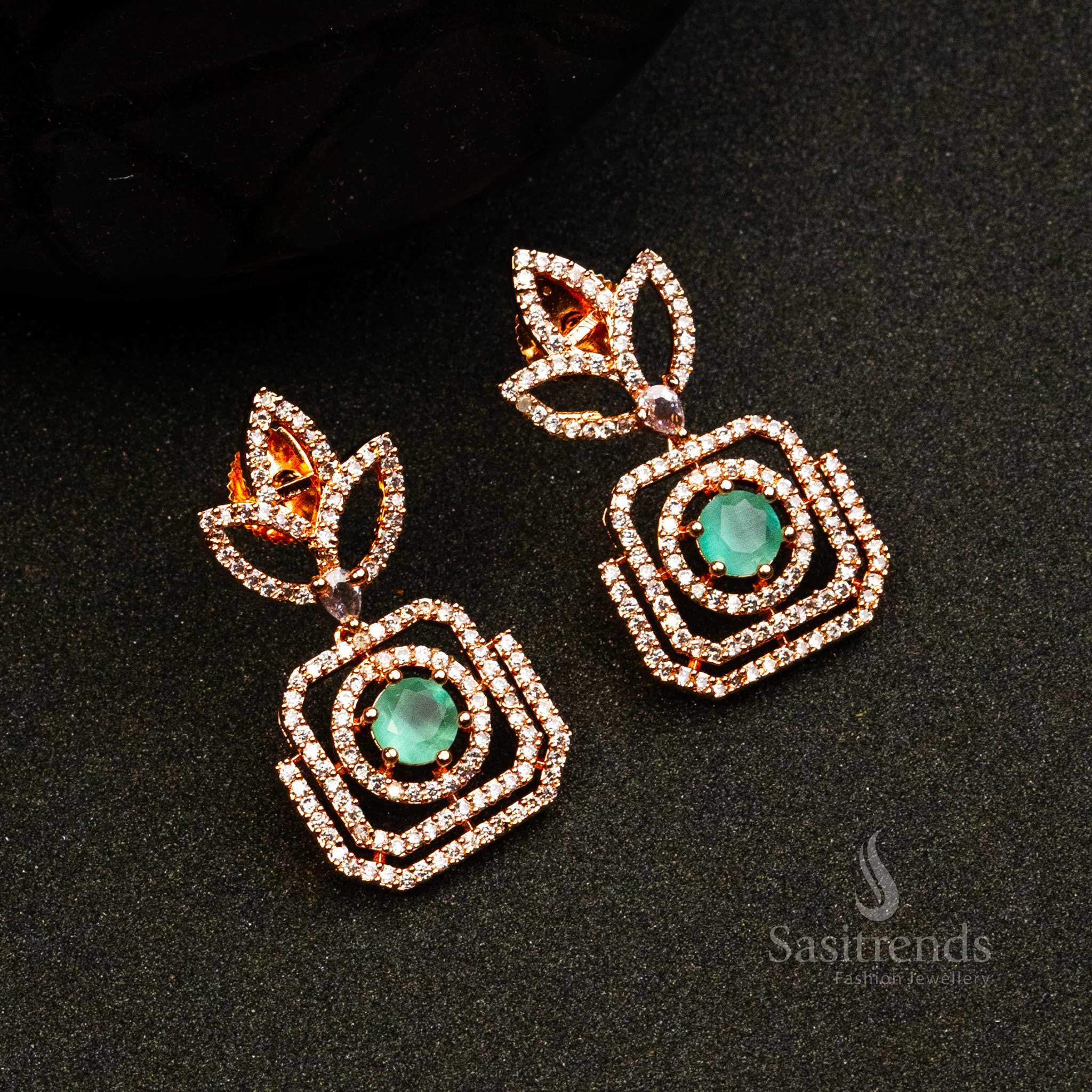 Trendy Royal Rose Gold Plated Earrings with American Diamond Stones | Sasitrends - Image 8