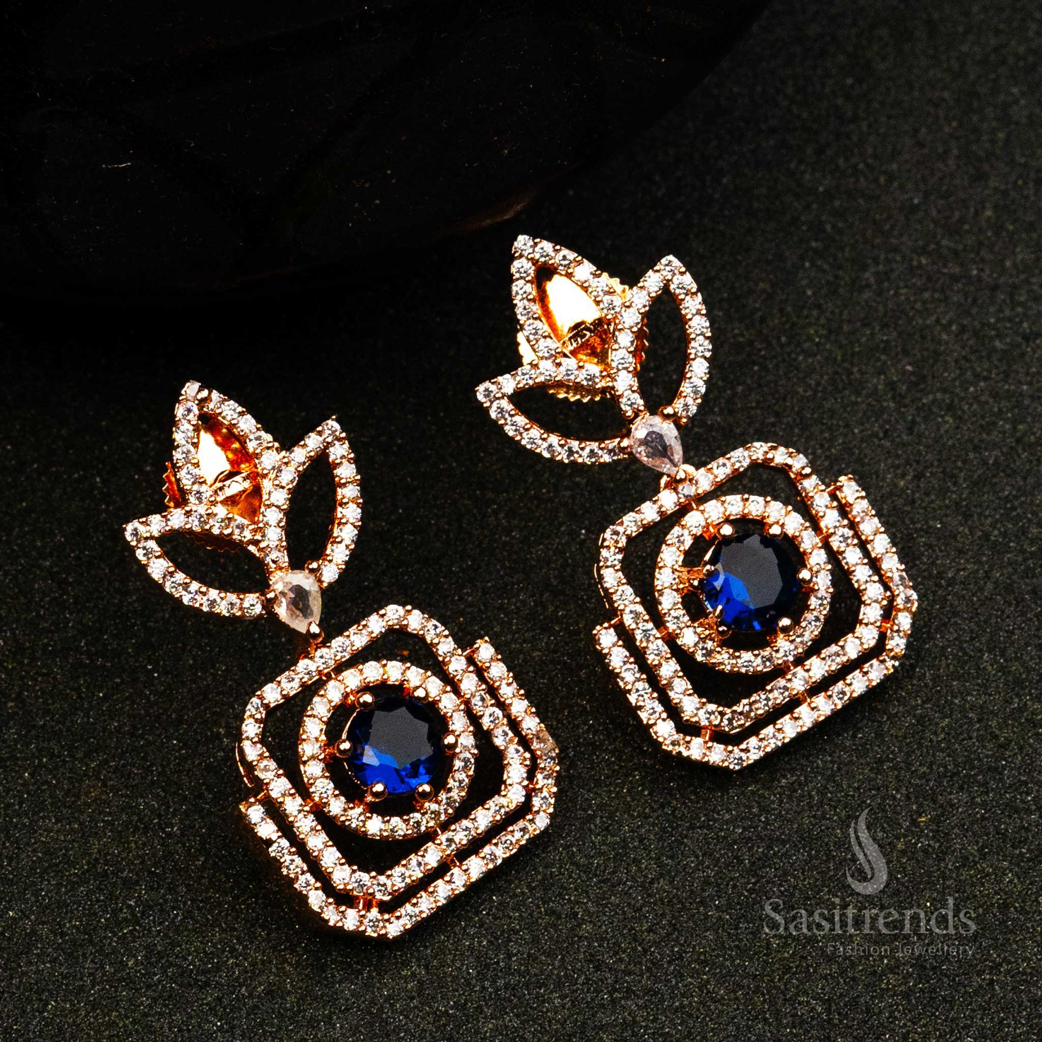 Trendy Royal Rose Gold Plated Earrings with American Diamond Stones | Sasitrends - Image 9