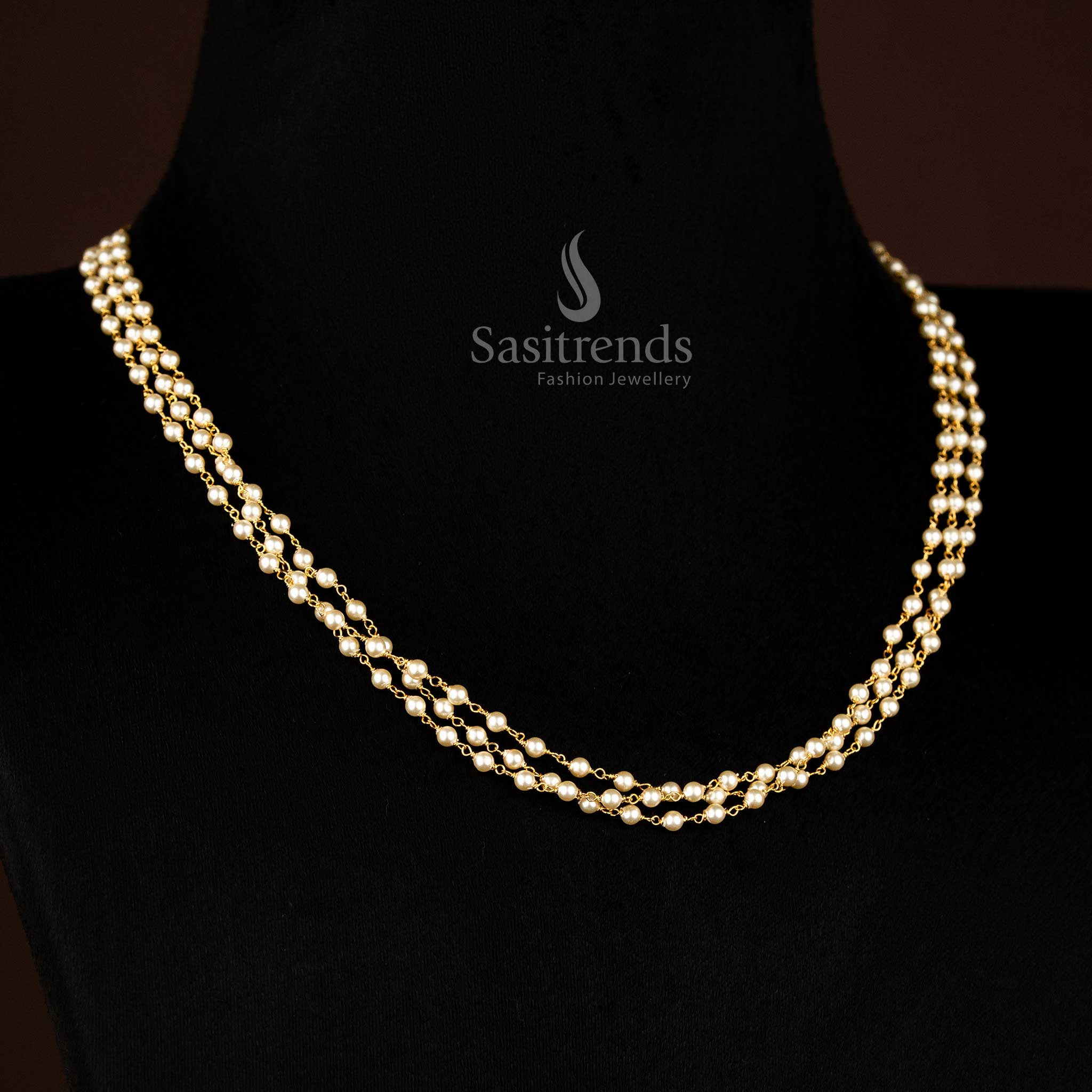 Royal Three-Layer Pearl Maalai β Gold Plated Necklace with Pearl Accents for Saree & Lehenga Styling