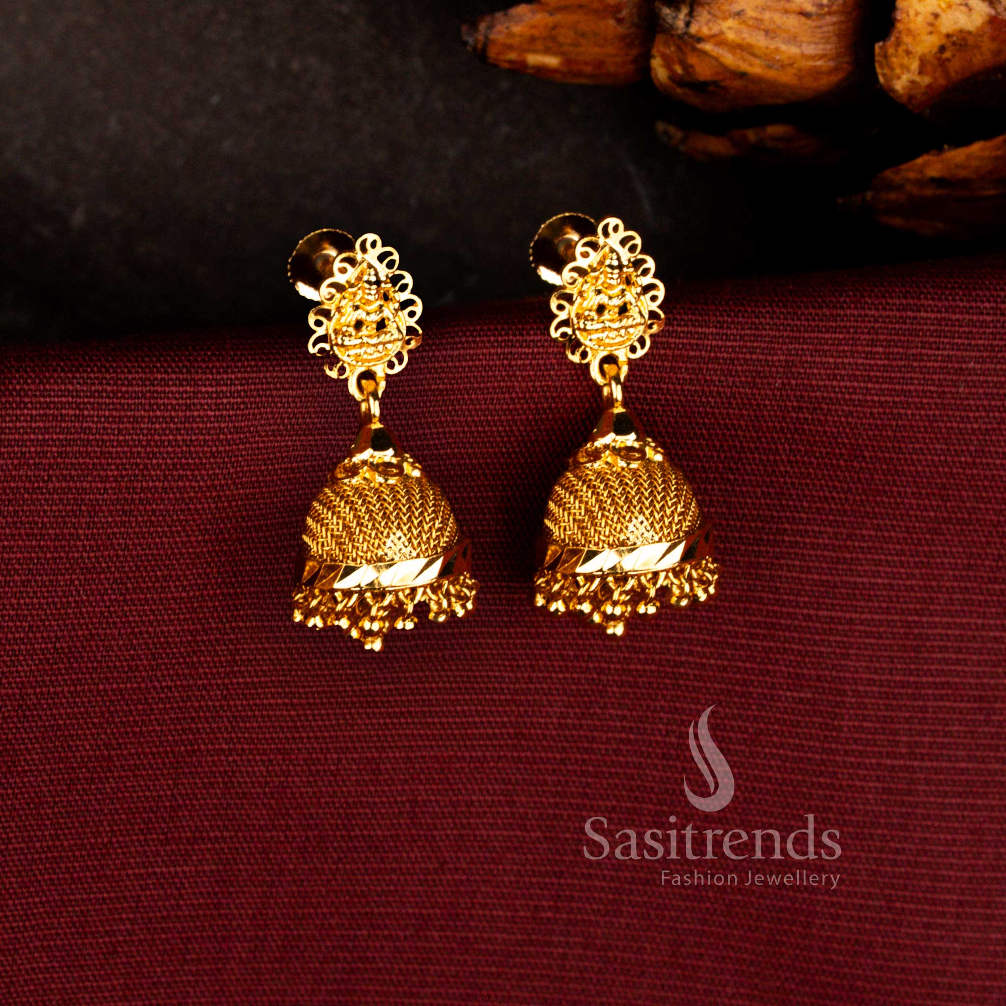 Sacred Guaranteed Micro Gold Plated Goddess Lakshmi Temple Dome Jhumka Earrings with Traditional Gold Bead Drops