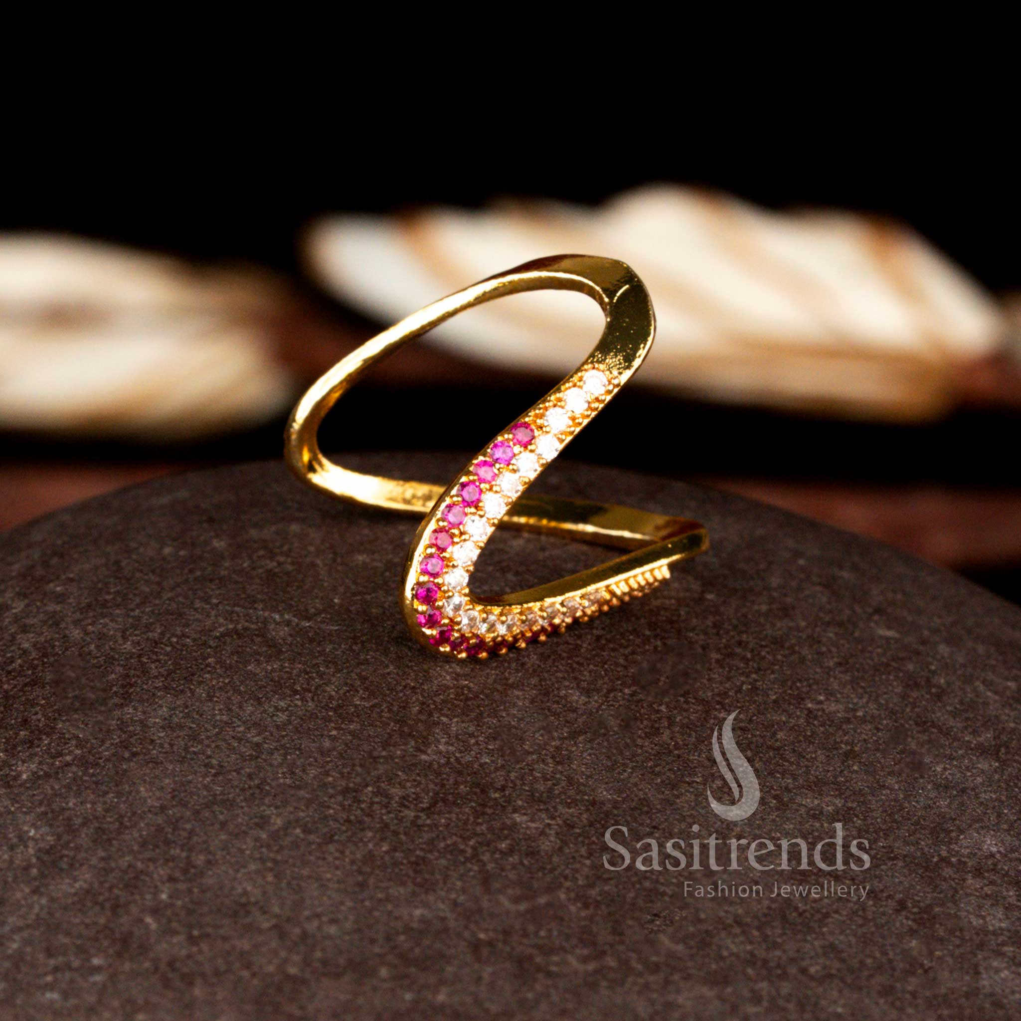 Guaranteed 24K Micro Gold Plated AD Bold U-Shaped Curved Arc Structure Statement Ring with Precision Stone Setting - Image 4