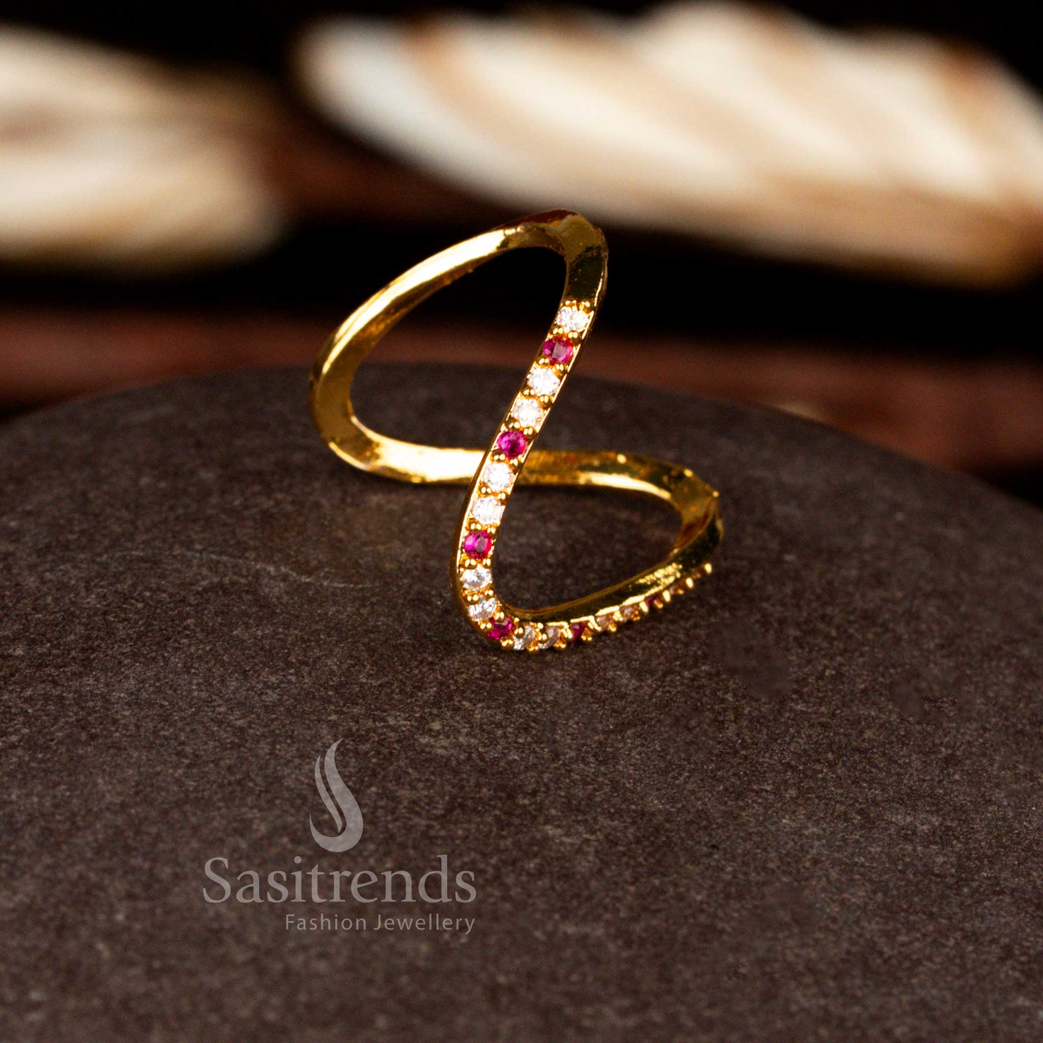 Guaranteed 24K Micro Gold Plated AD Bold U-Shaped Curved Arc Structure Statement Ring with Precision Stone Setting - Image 7