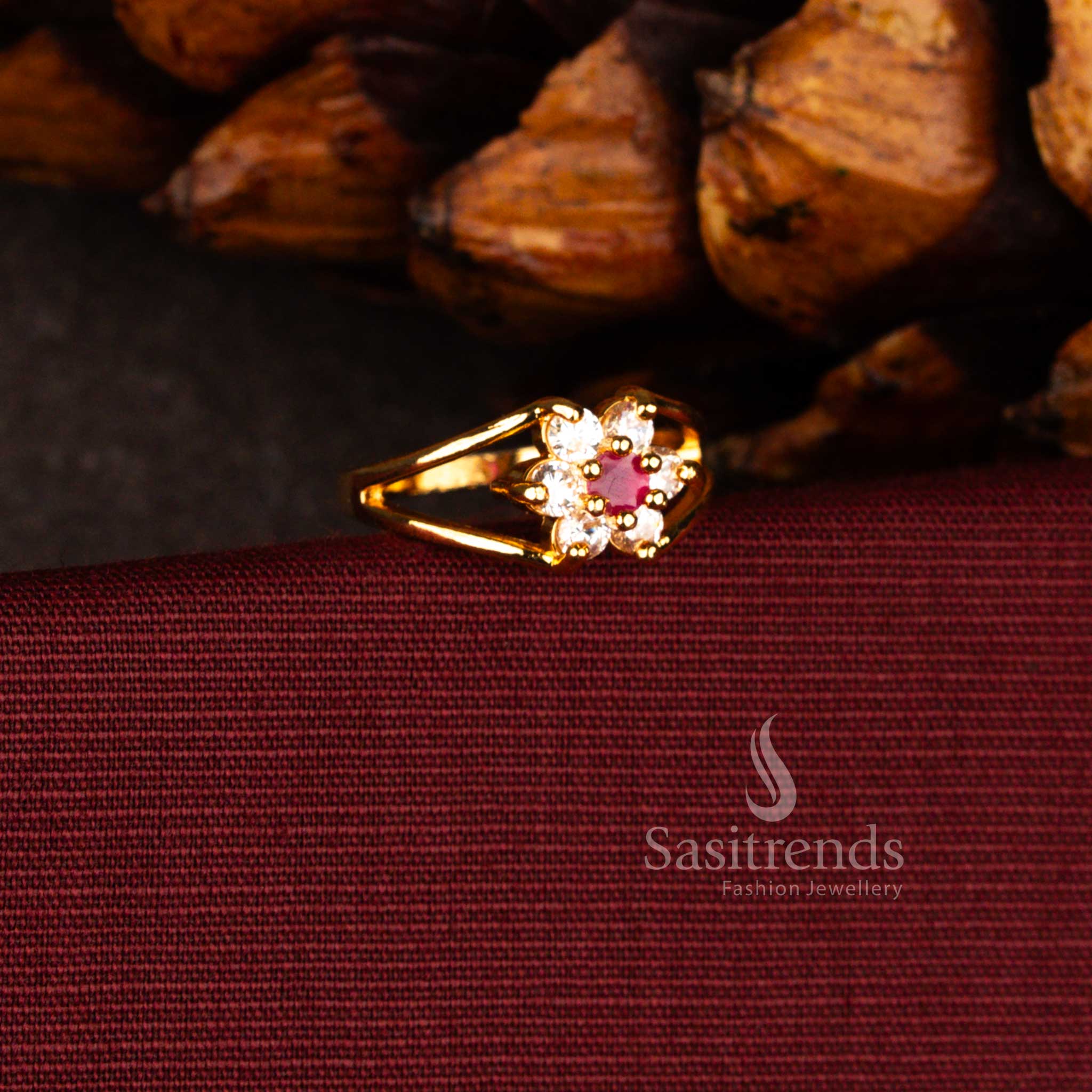 Beautifully Crafted 24K Micro Gold Plated AD Floral Cluster Structured Statement Ring with Elegant Split Band Design