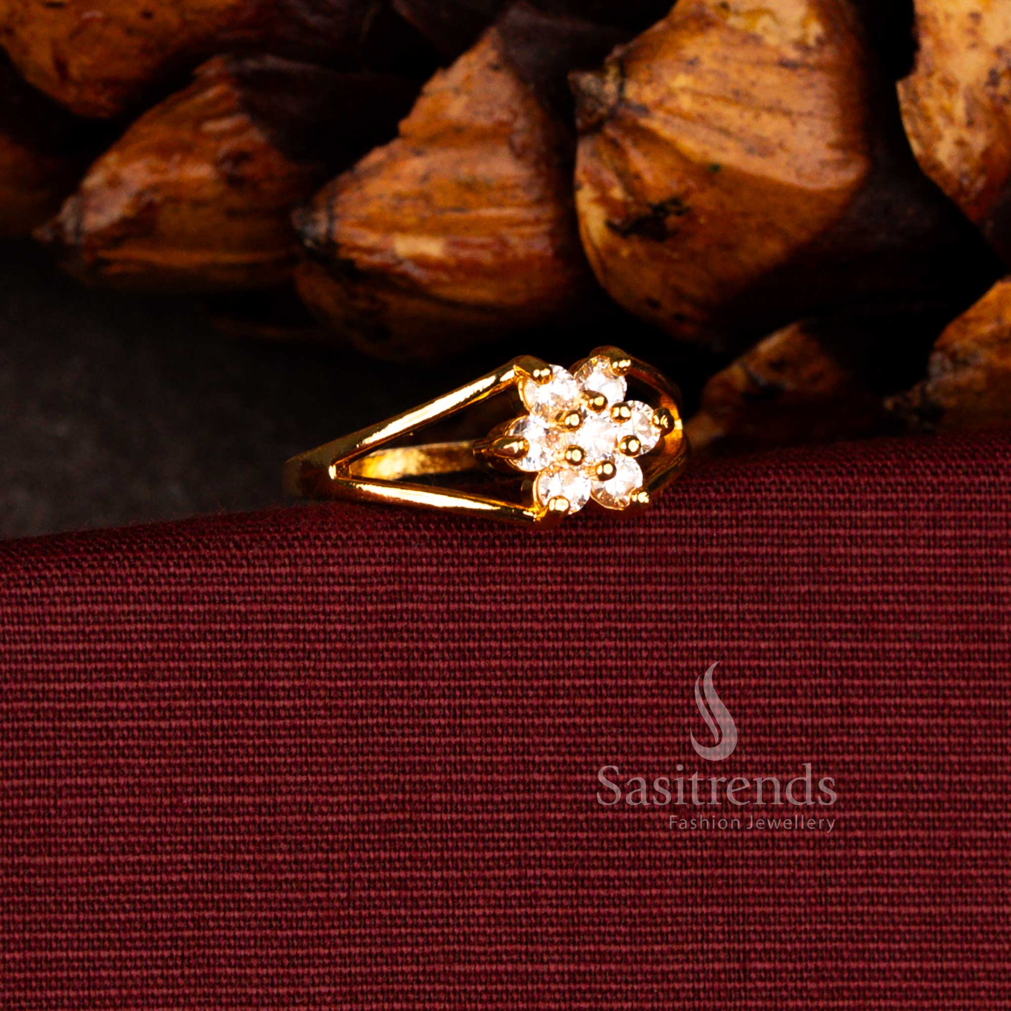 Beautifully Crafted 24K Micro Gold Plated AD Floral Cluster Structured Statement Ring with Elegant Split Band Design - Image 3