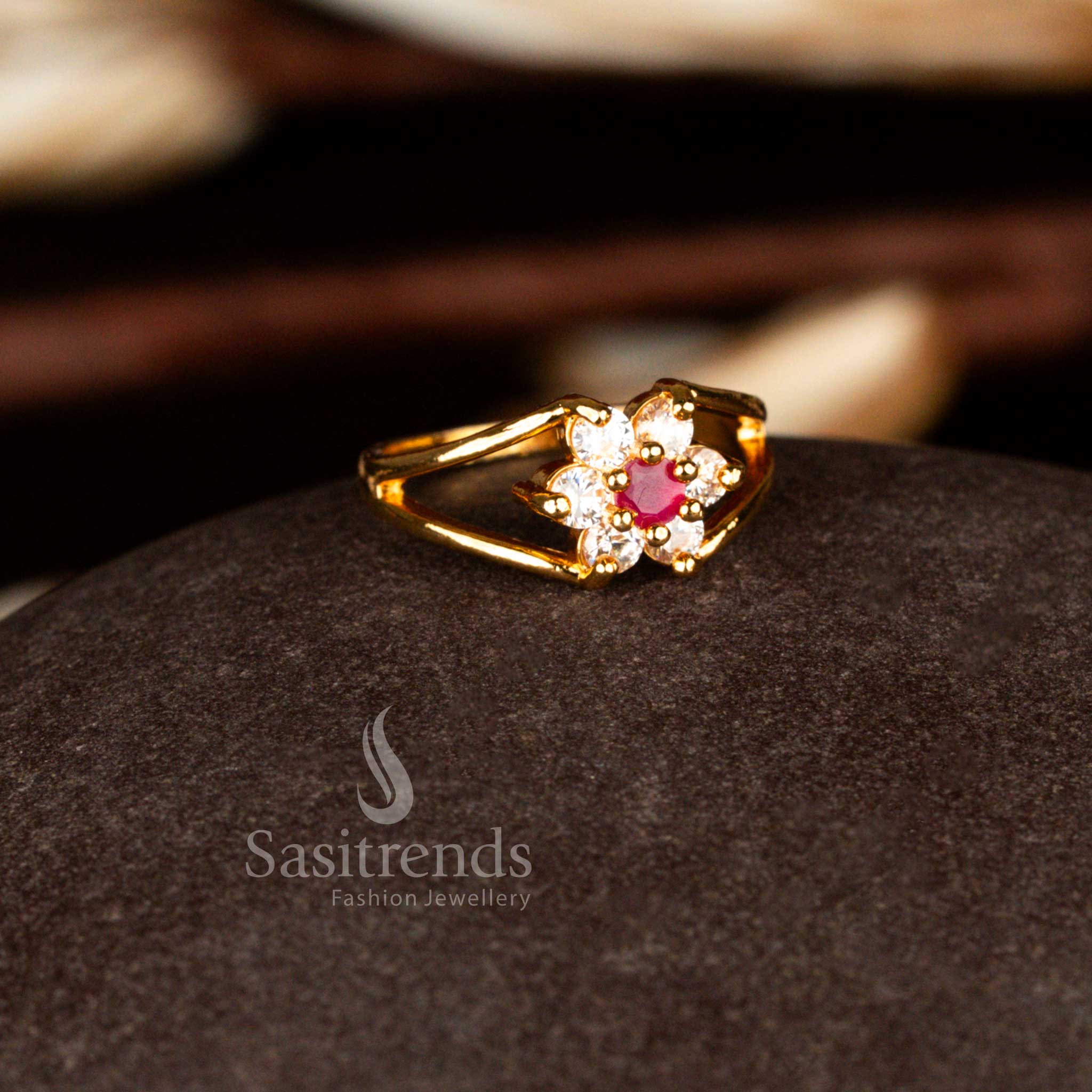 Beautifully Crafted 24K Micro Gold Plated AD Floral Cluster Structured Statement Ring with Elegant Split Band Design - Image 4