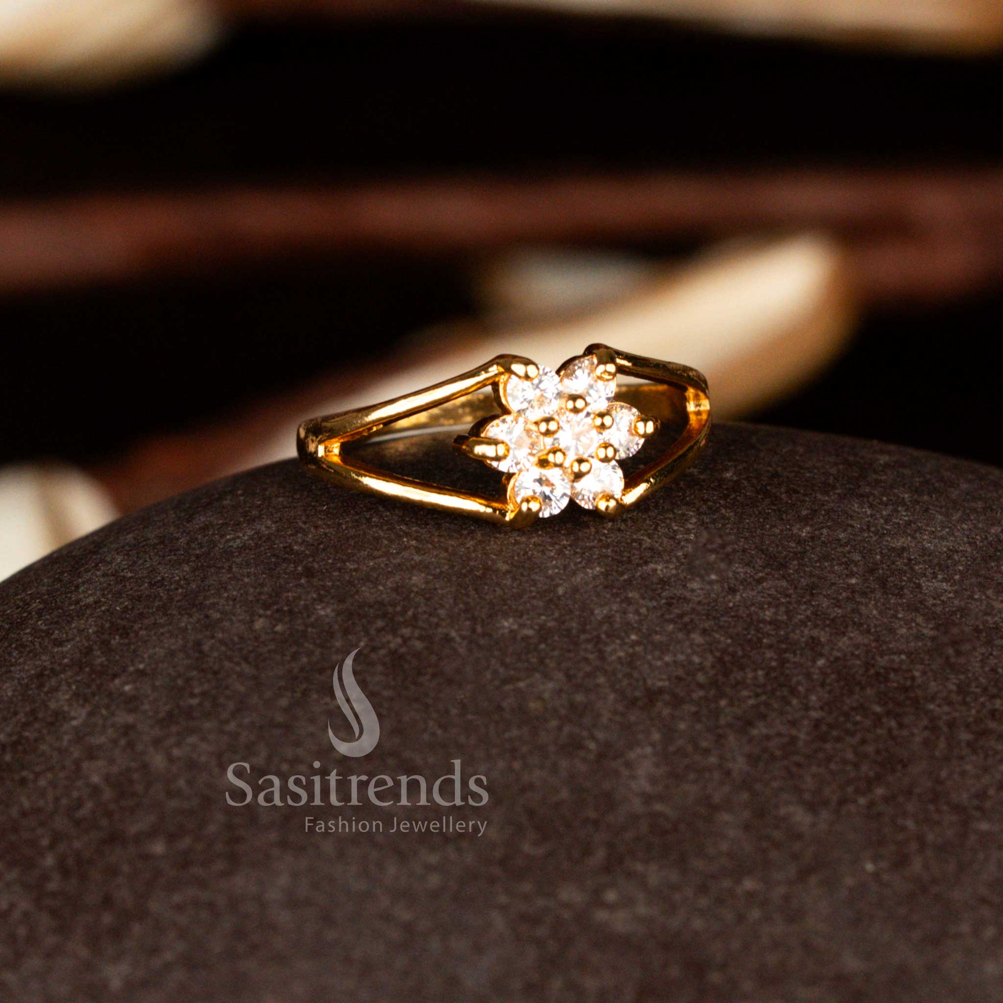 Beautifully Crafted 24K Micro Gold Plated AD Floral Cluster Structured Statement Ring with Elegant Split Band Design - Image 5