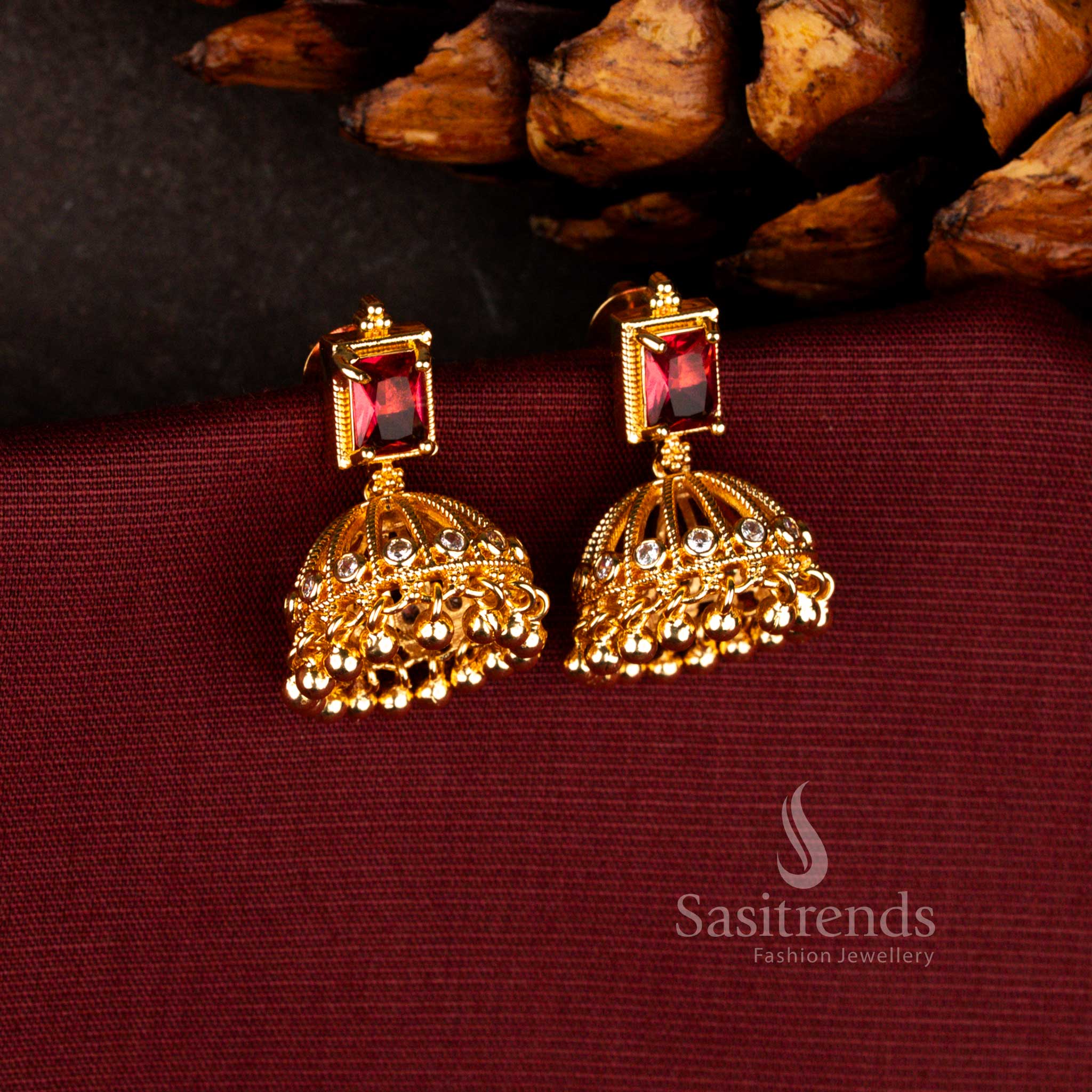 Guaranteed One Gram Micro Gold Plated Traditional Square Stud Dome Jhumka Earrings | Looks Like Real Gold - Image 4