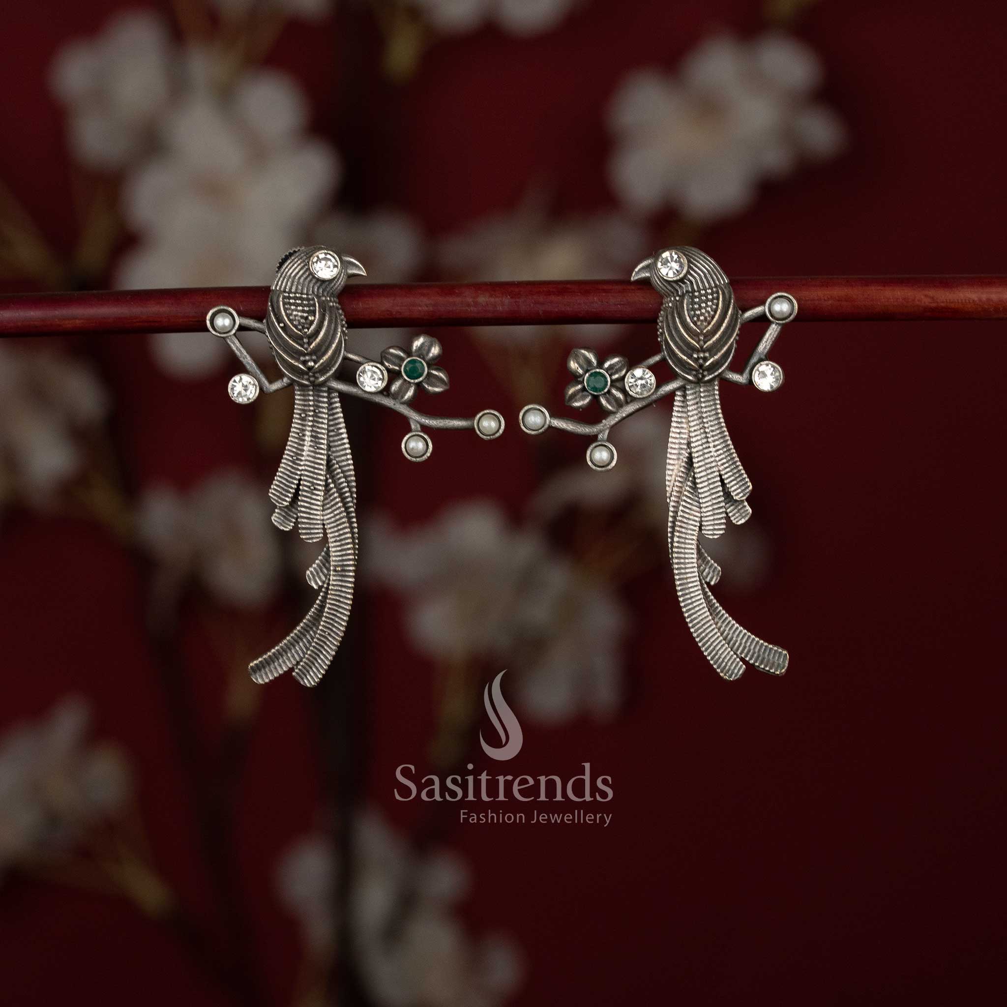 Oxidised German Silver Stone Earrings with Twin Bird Motif, Layered Feather Texture, Branch-Inspired Structure and Sculpted Detailing - Image 2