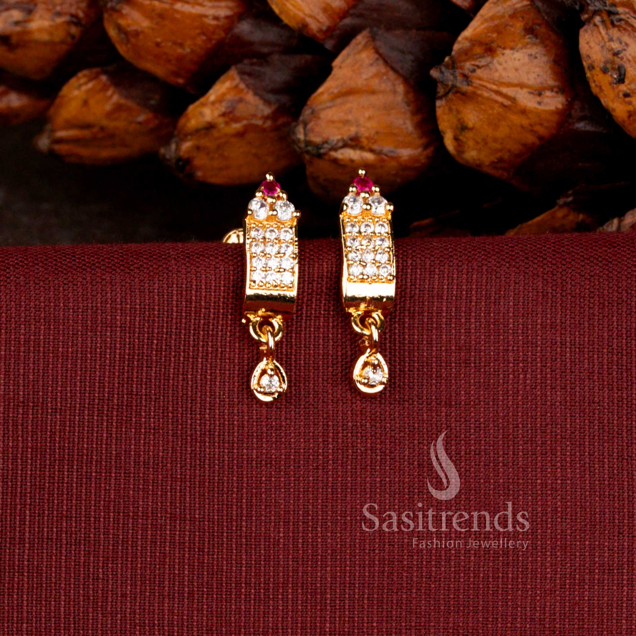 One Gram Micro Gold Plated American Diamond Rectangular Drop Earrings For Traditional Wear - Sasitrends