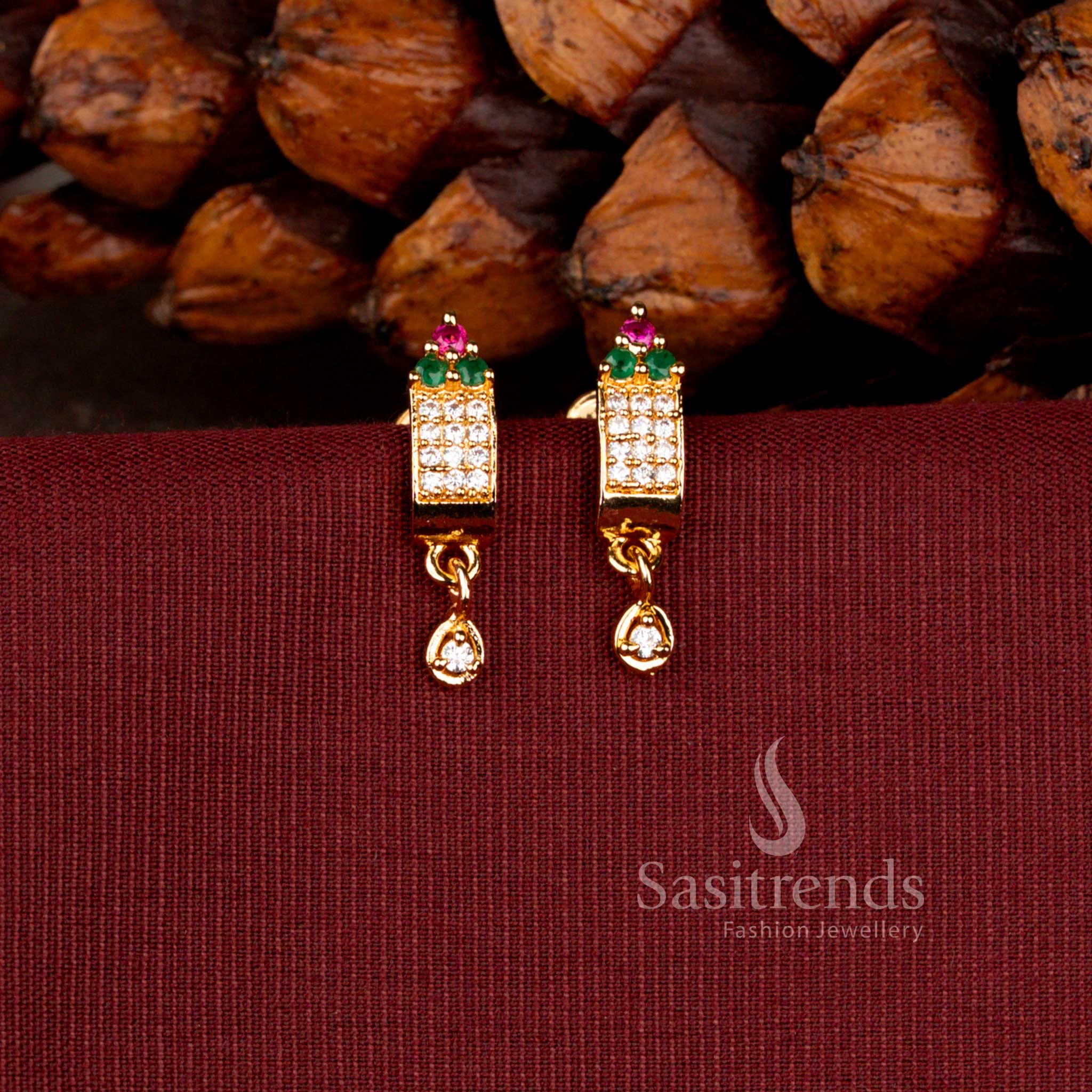 One Gram Micro Gold Plated American Diamond Rectangular Drop Earrings For Traditional Wear - Sasitrends - Image 2