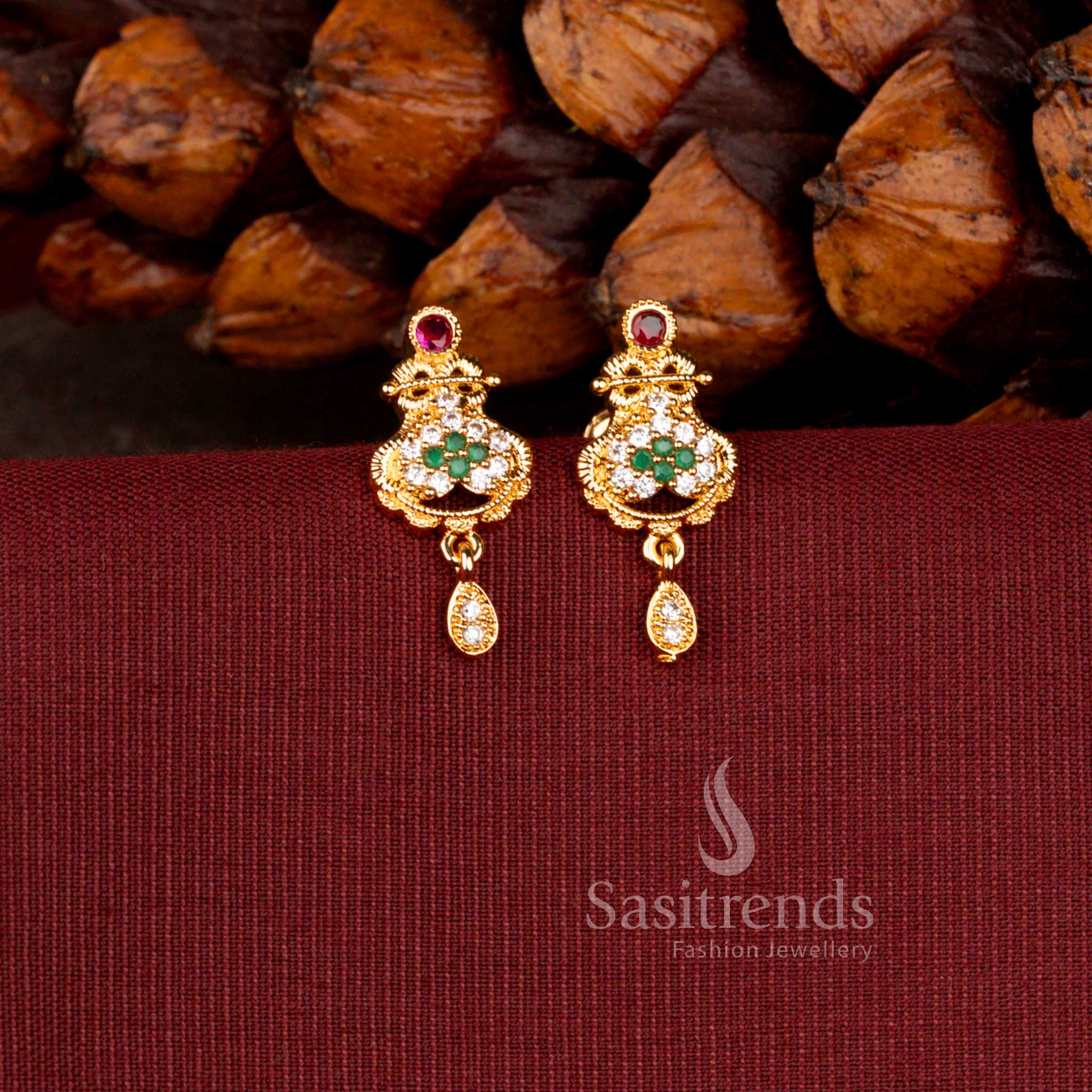Stunning Ornate Floral Drop Micro Gold Plated American Diamond Earrings - Image 3