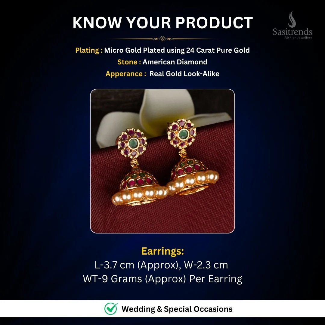 Traditional 24K Micro Gold Plated American Diamond Floral Stud Pearl Jhumka Earrings | Festive Wear - Image 2