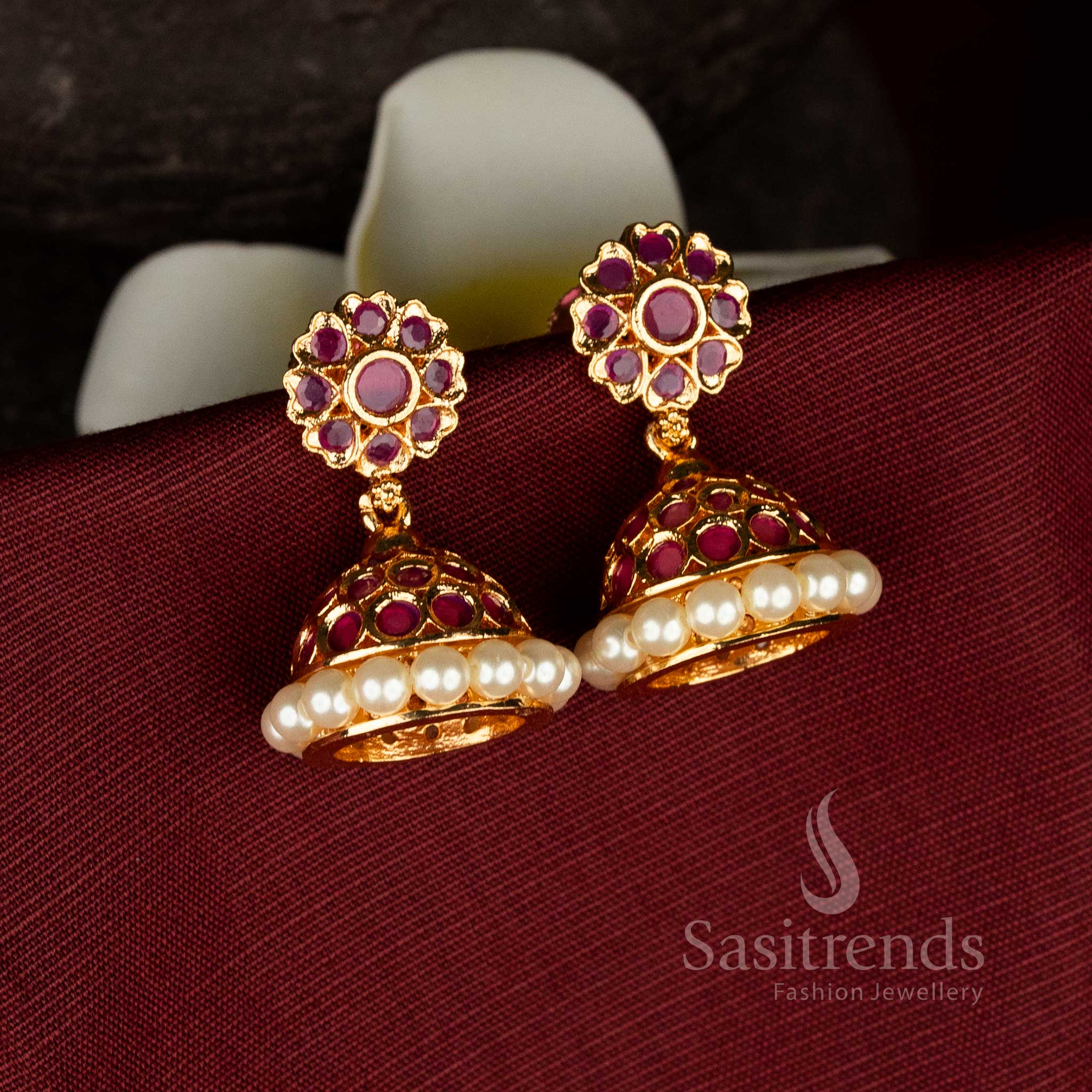 Traditional 24K Micro Gold Plated American Diamond Floral Stud Pearl Jhumka Earrings | Festive Wear - Image 3