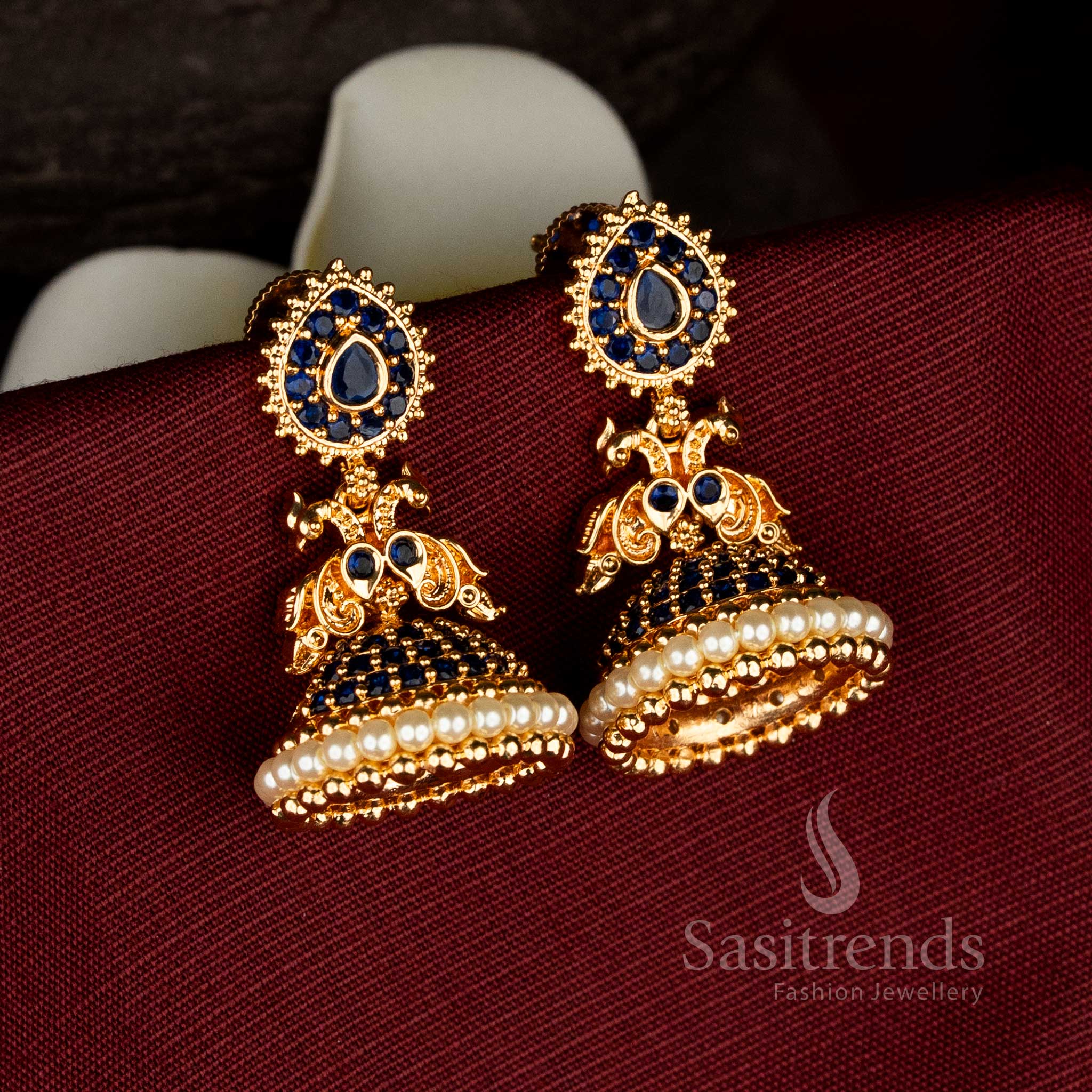 Guaranteed One Gram Micro Gold Plated AD Stone Teardrop Motif Stud Dual Peacock Pearl Jhumka Earrings | Perfect for Special Occassions - Image 4