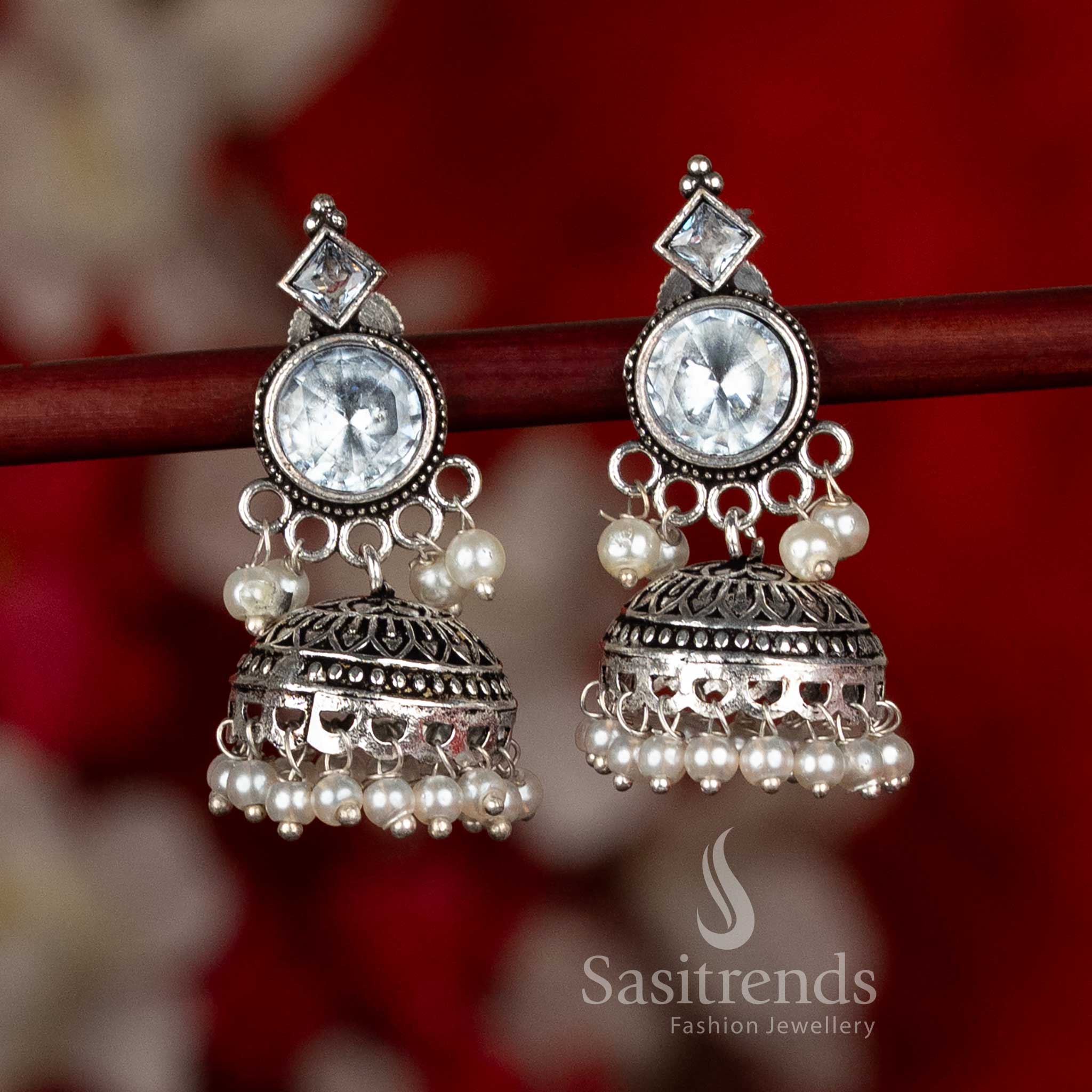 Enchanting Oxidised Silver Plated Circular Stud Jhumka Earrings with Pearl Detailing and Layered Dome Structure | Office Wear - Image 3