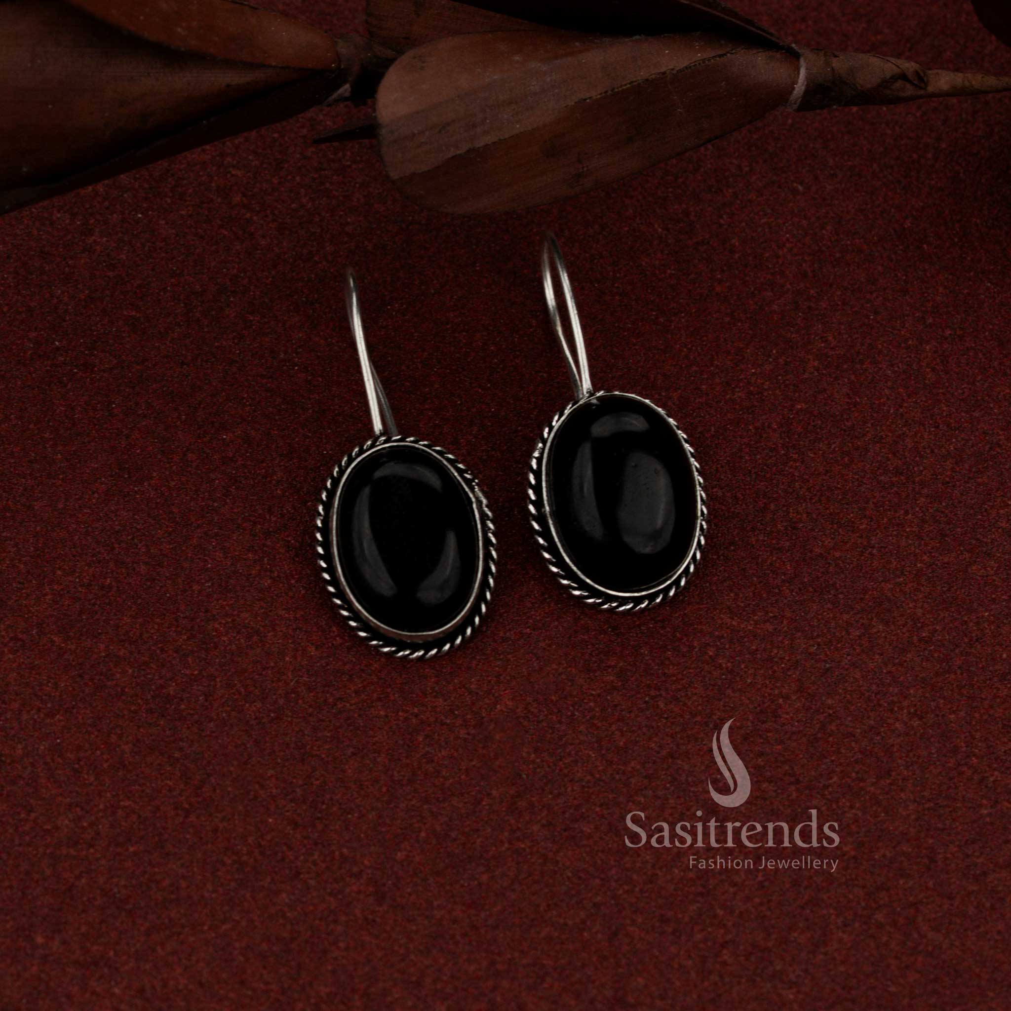 Elegant Attractive wear Oxidised Oval Stone Drop Earrings with Rope Border Design for Daily, Office & Casual Wear - Image 2