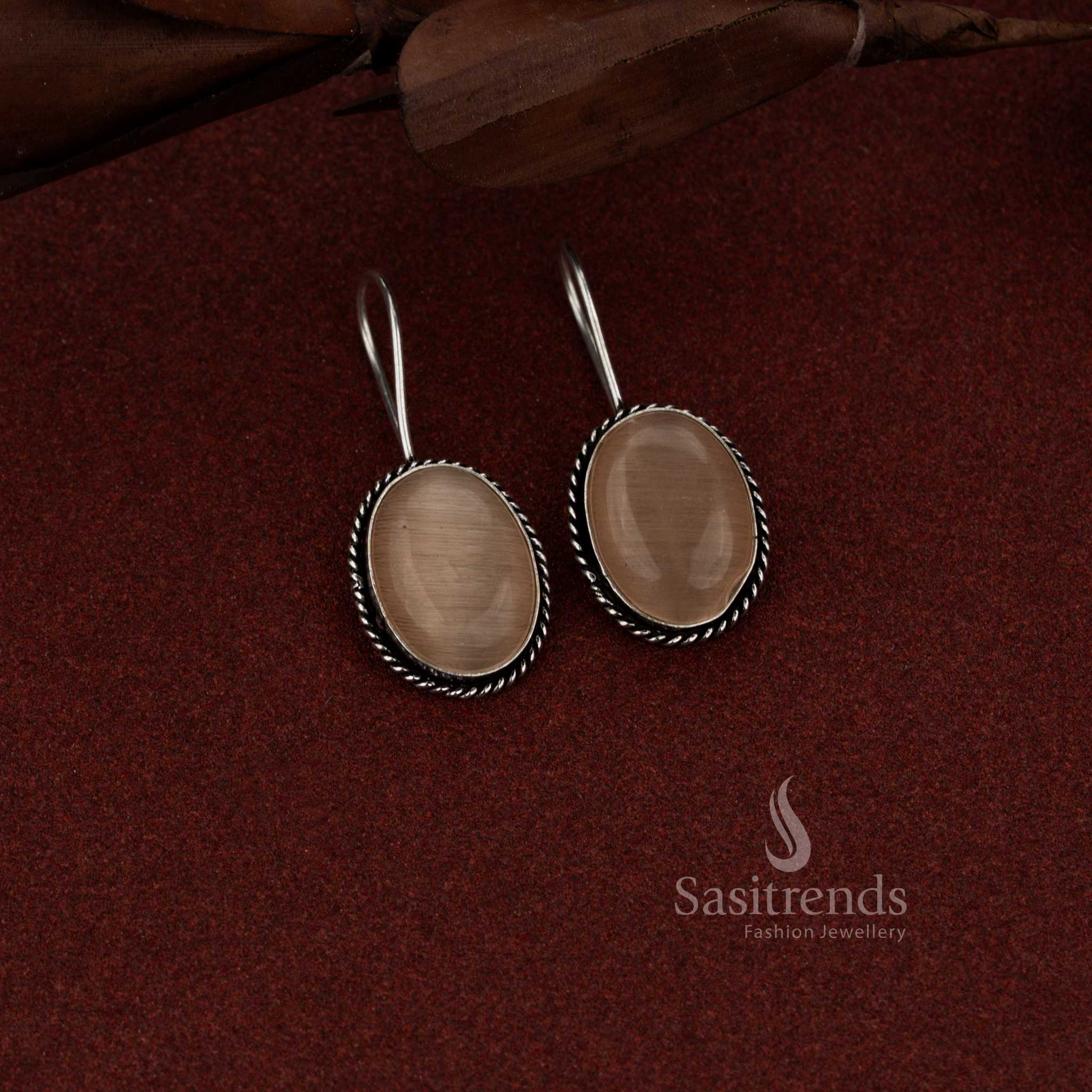 Elegant Attractive wear Oxidised Oval Stone Drop Earrings with Rope Border Design for Daily, Office & Casual Wear - Image 6