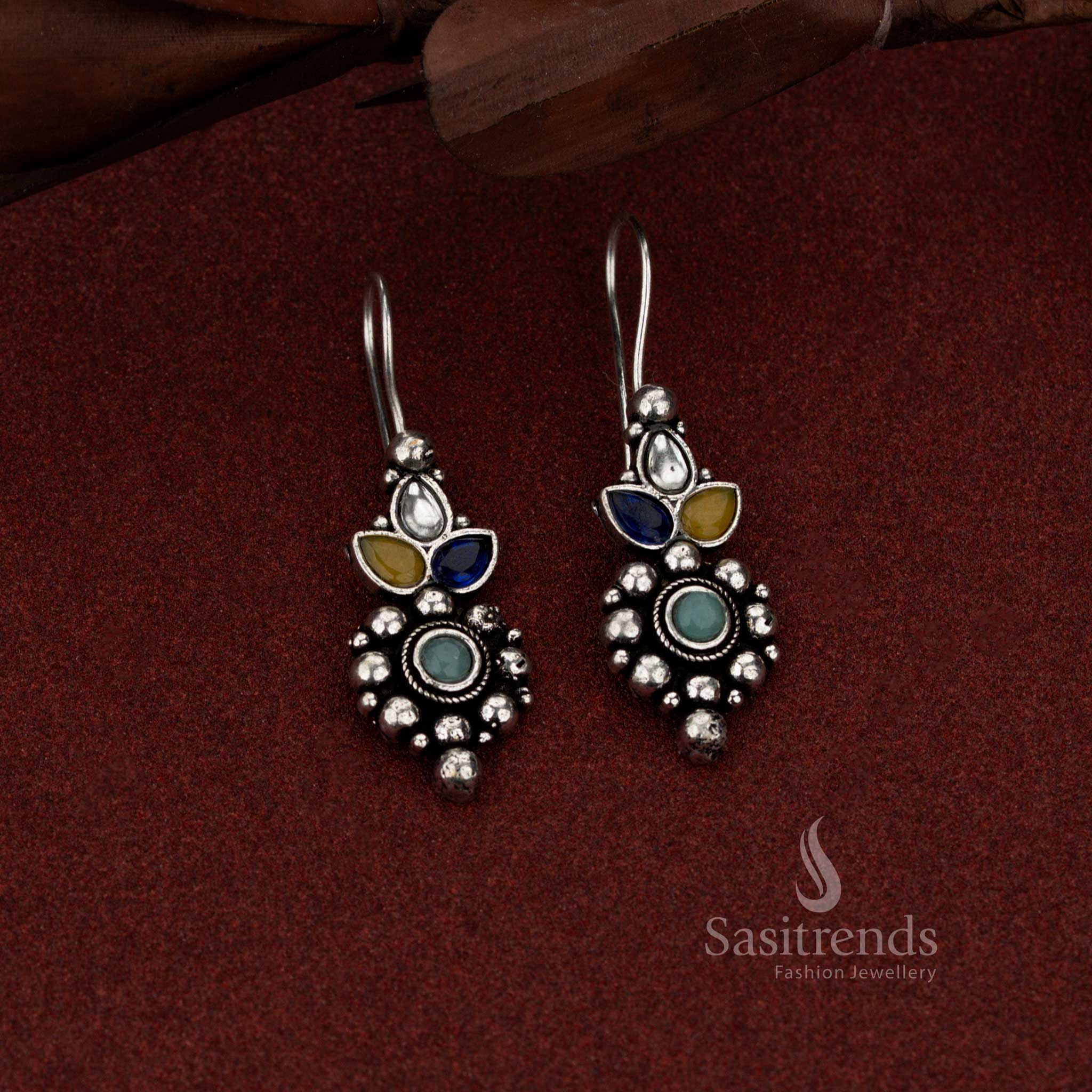 Opulent Oxidised Floral Drop Fish Hook Earrings with Stone Cluster Detailing for Daily, Office & Casual Wear - Image 5