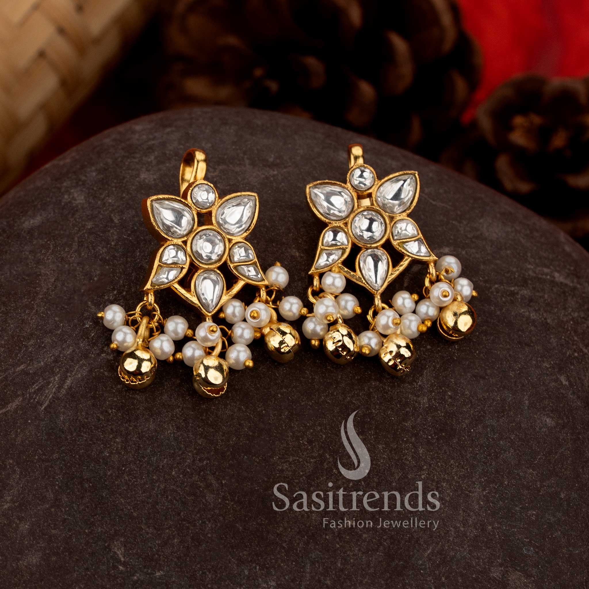 Enchanting 24K Jadau Gold Plated Kundan Floral Leaf Motif Bugadi Earcuff Earrings with Pearl & Golden Bead Hanging Design - Image 4