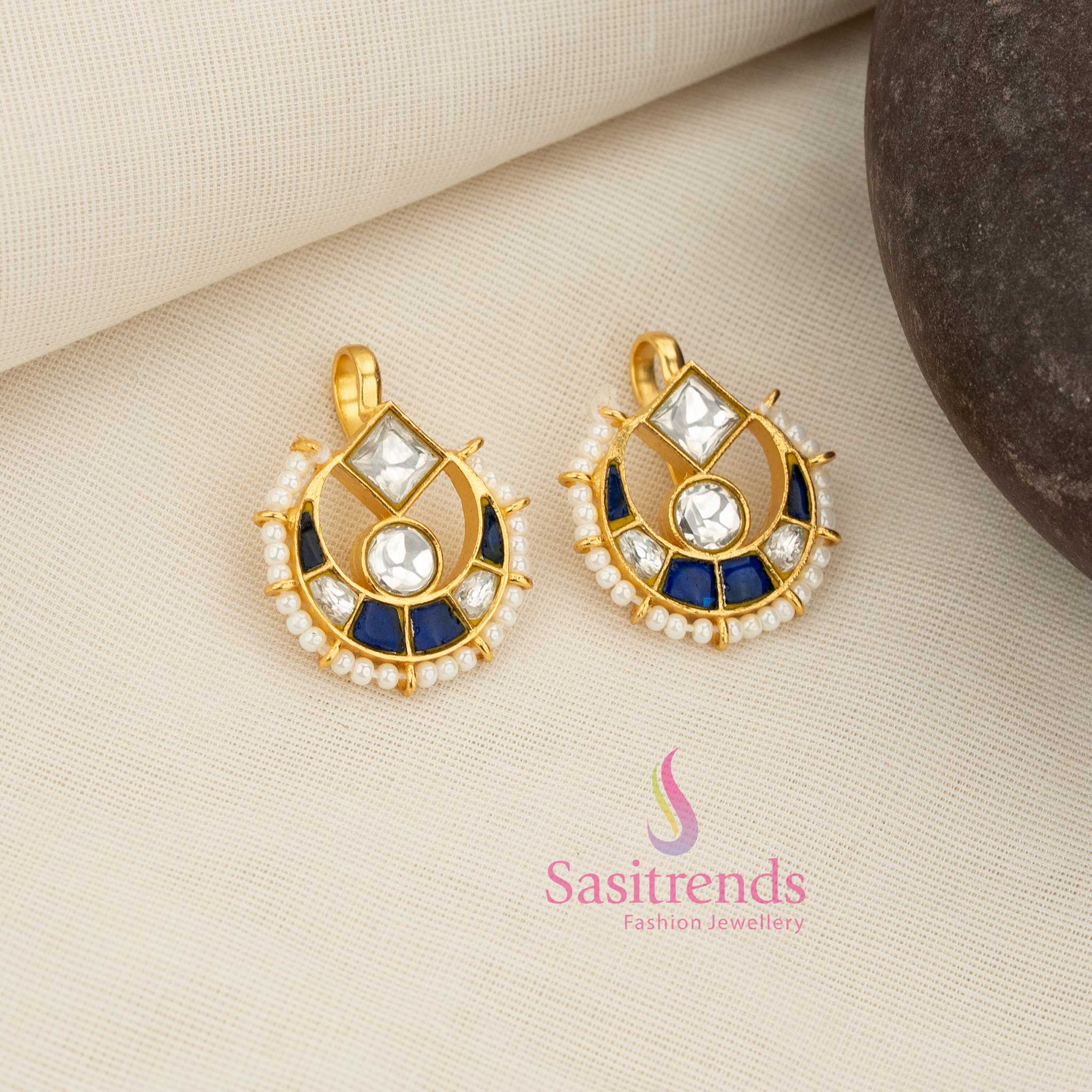 Stunning 24K Jadau Kundan Gold Plated Half Moon Bugadi Earcuff Earrings with Square and Round Stone Top & Pearl Drops - Image 3