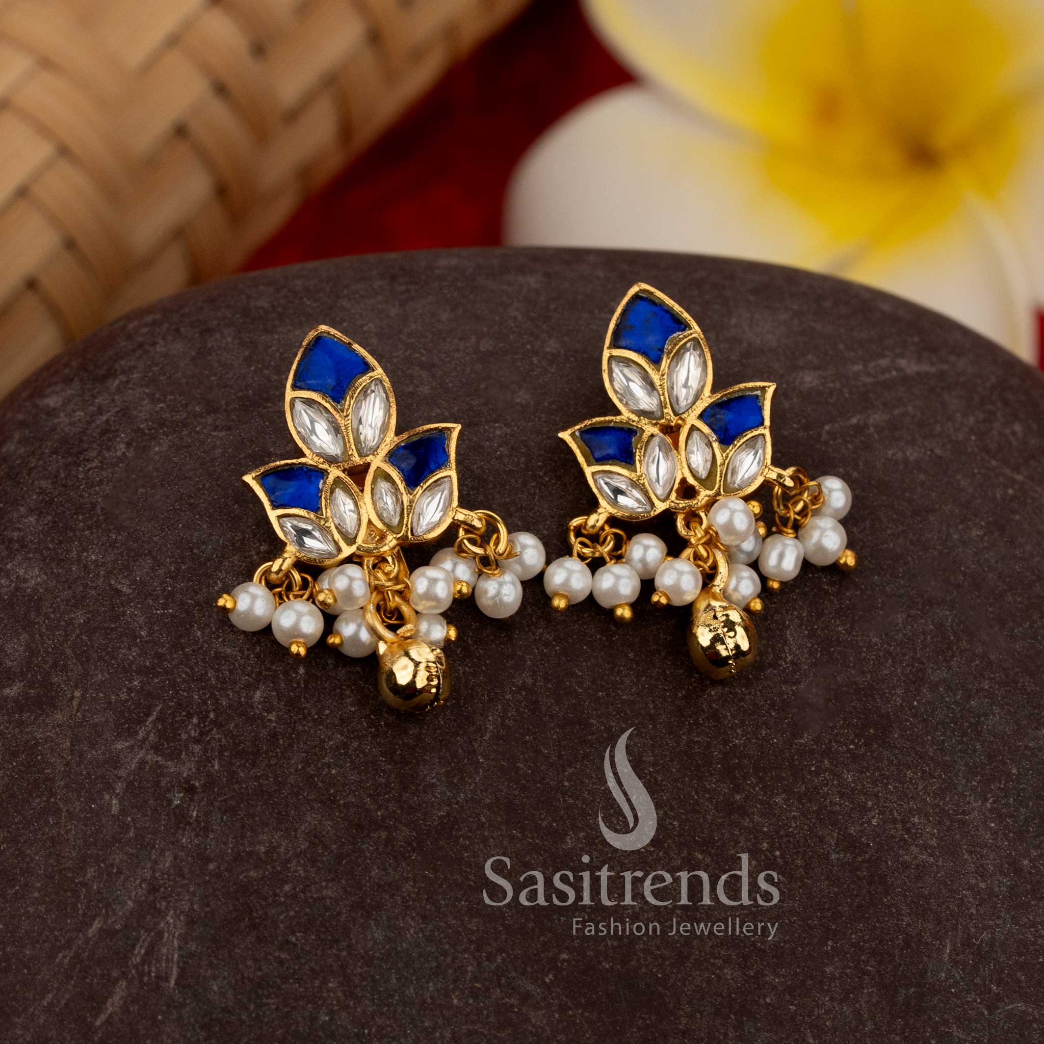 Beatifully Crafted 24K Jadau Gold Plated Kundan Stone Leaf Motif Earcuff Earrings with Pearl & Golden Bead Hanging Design - Image 4