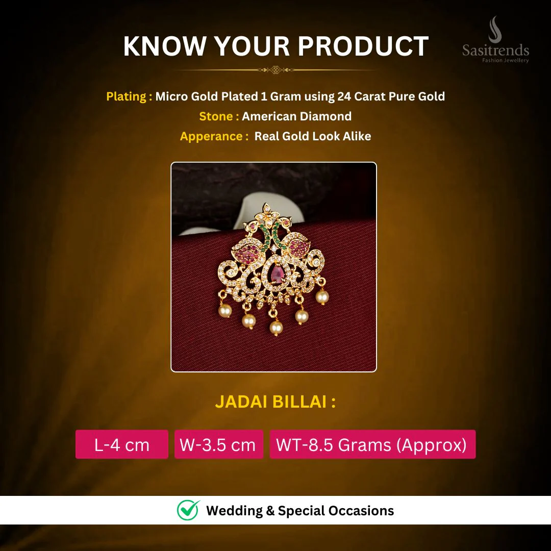Traditional One Gram Micro Gold Plated American Diamond Peacock Floral Design Jadai Billai with Pearl Drop Detailing - Image 2