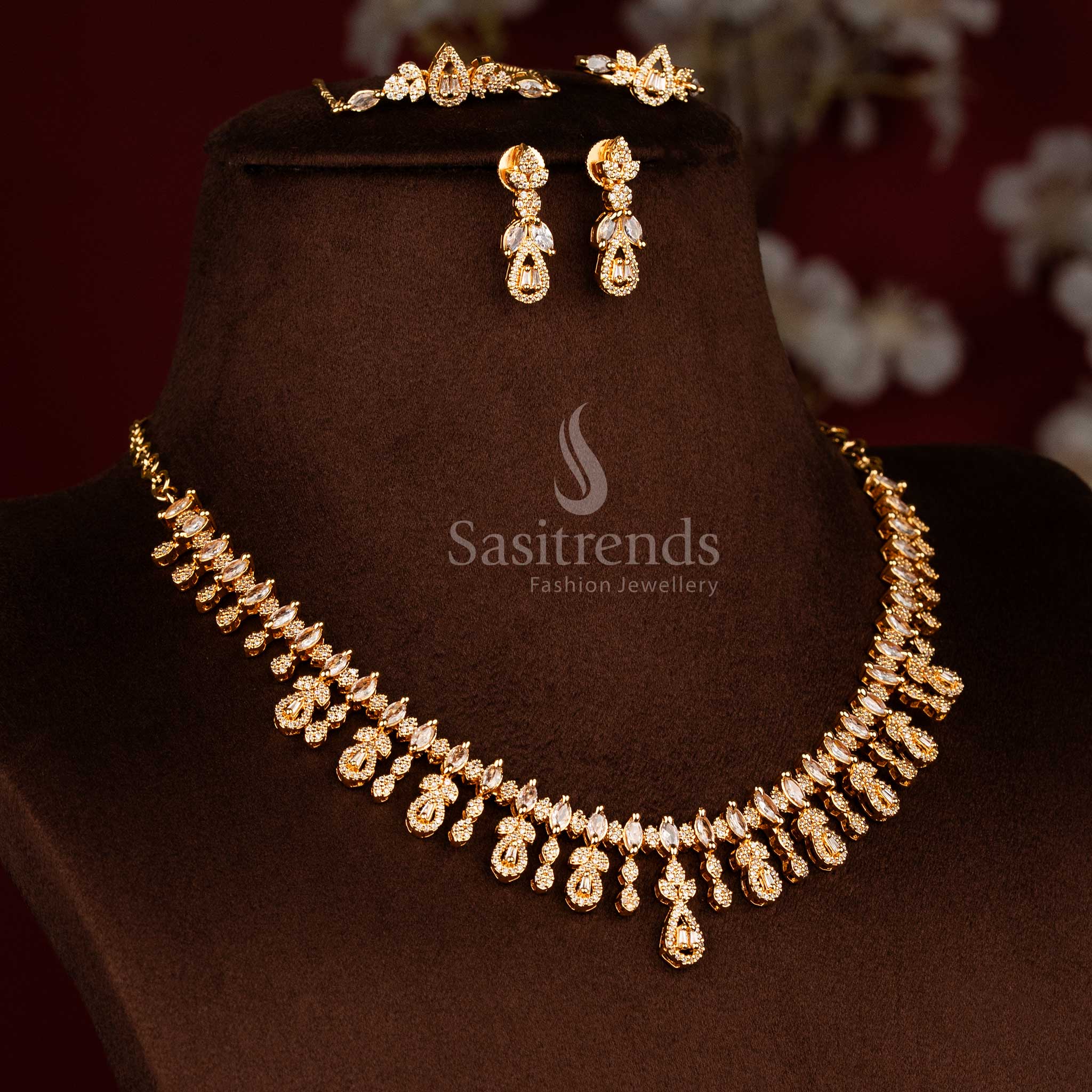 Dazzling 24K Micro Gold Plated American Diamond Teardrop Cascade Necklace Jewellery Set with Layered Drop Design | Matching Earrings, Adjustable Bracelet and Ring