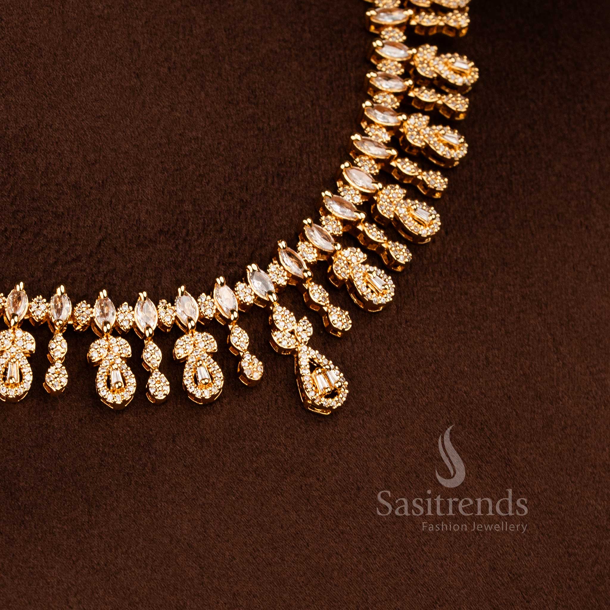 Dazzling 24K Micro Gold Plated American Diamond Teardrop Cascade Necklace Jewellery Set with Layered Drop Design | Matching Earrings, Adjustable Bracelet and Ring - Image 2