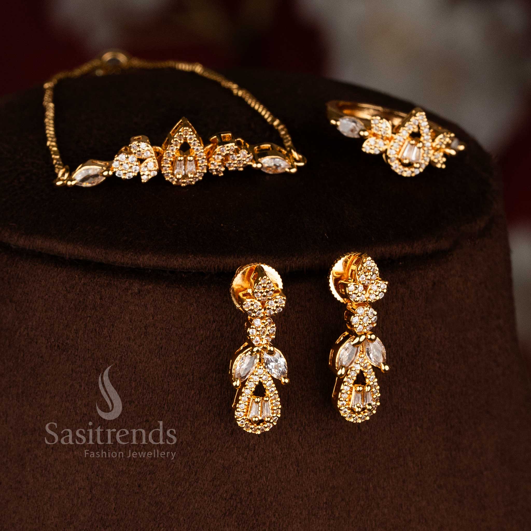 Dazzling 24K Micro Gold Plated American Diamond Teardrop Cascade Necklace Jewellery Set with Layered Drop Design | Matching Earrings, Adjustable Bracelet and Ring - Image 3