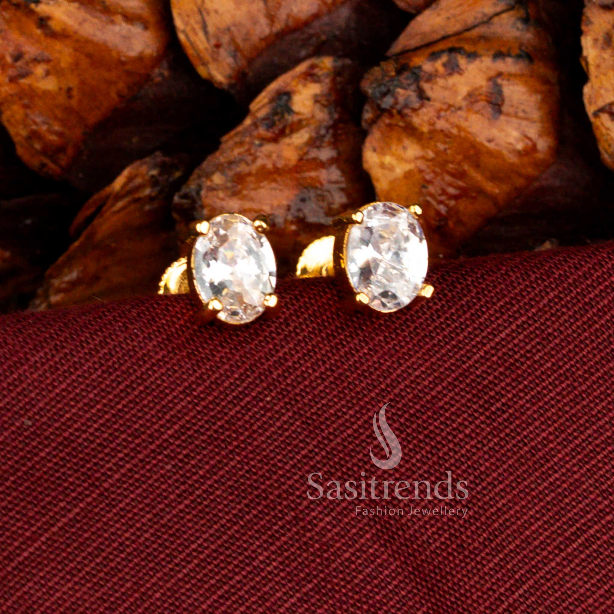 Guaranteed 24K Micro Gold Plated Elegant AD Oval Solitaire Stud Earrings with Classic Prong Setting | Office Wear & Everyday Styling - Image 3
