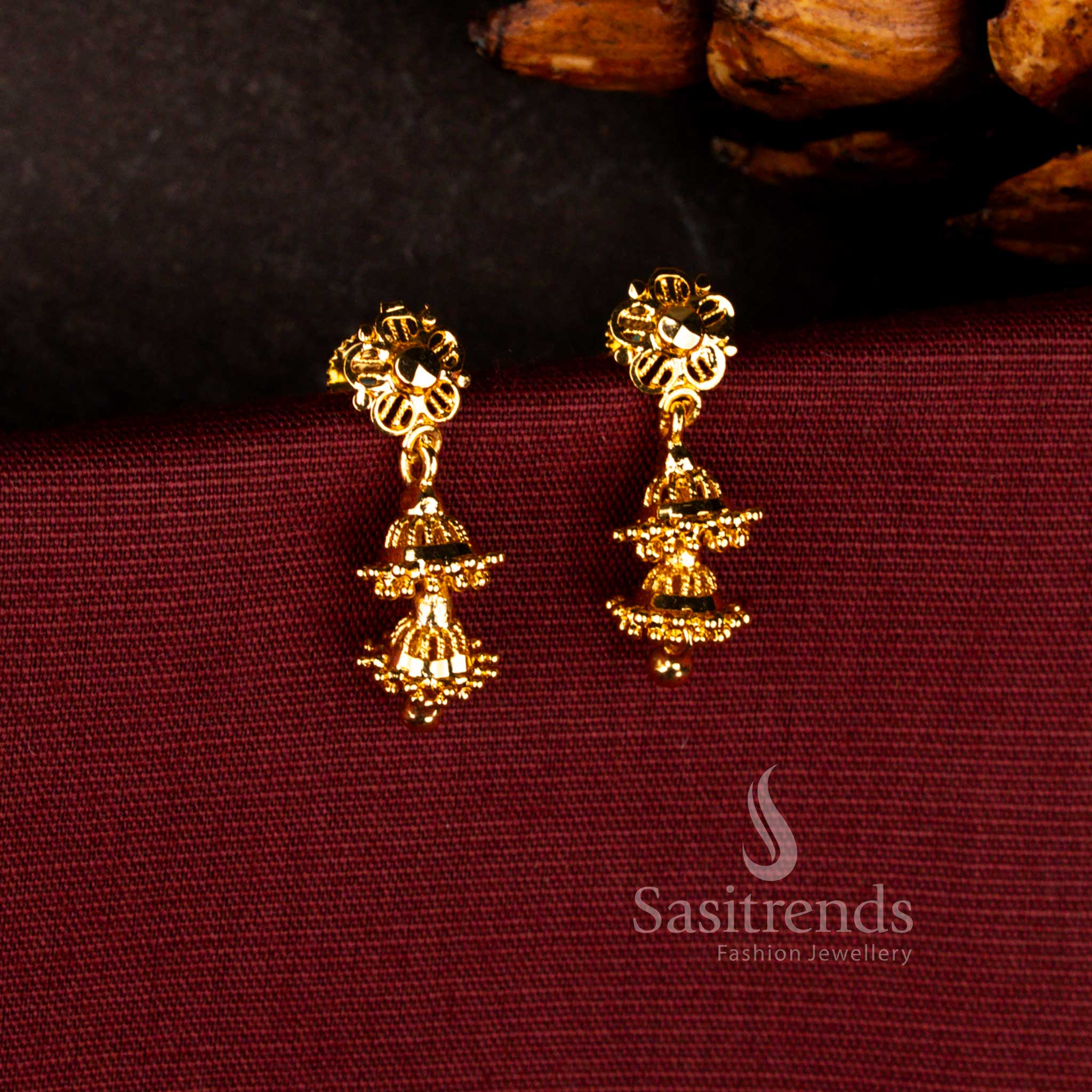 Guaranteed Micro Gold Plated Heritage Tiered Temple Jhumka Earrings with Floral Carved Stud Top and Multi-Level Bell Drop | Grand Traditional & Wedding Wear